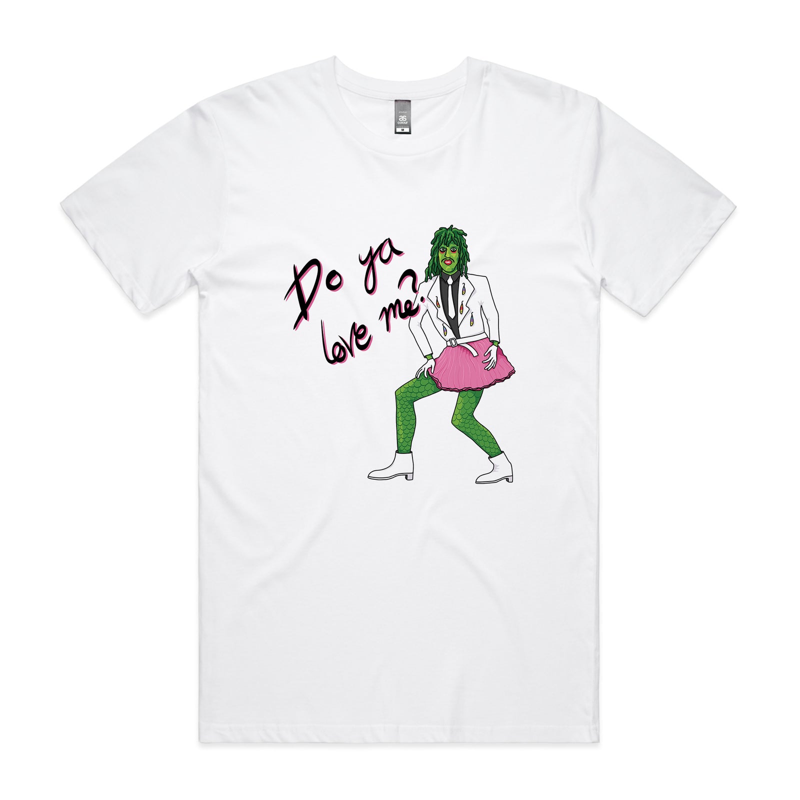 White The Mighty Boosh t-shirt with a graphic of a Old Gregg in green pants and a pink skirt, with text 'Do ya love me?' on a white background.