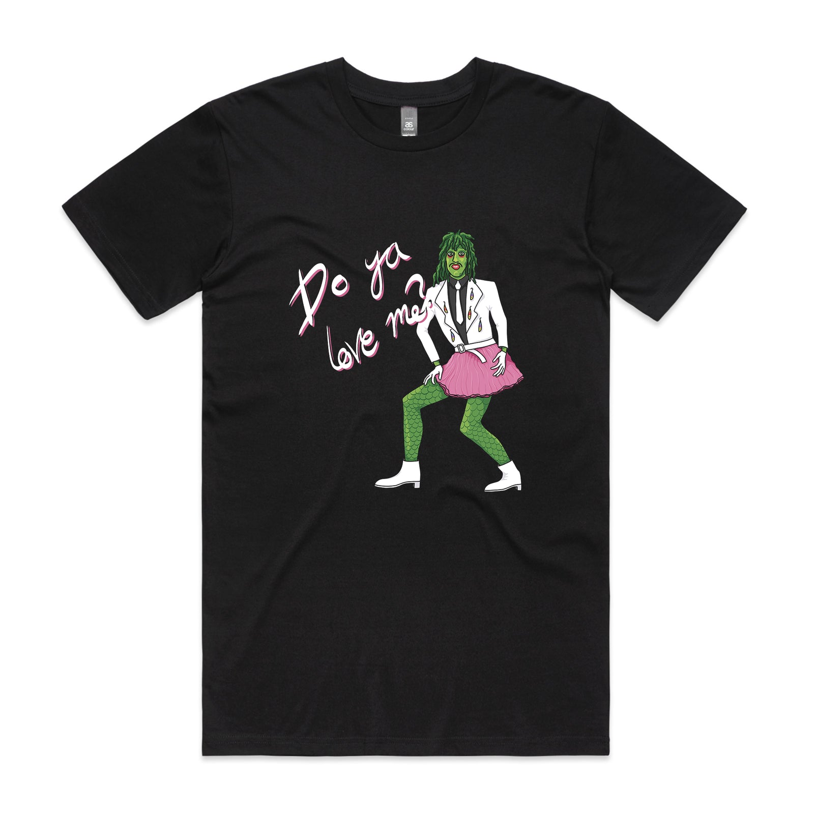 Black The Mighty Boosh t-shirt with a graphic of a Old Gregg in green pants and a pink skirt, with text 'Do ya love me?' on a white background.