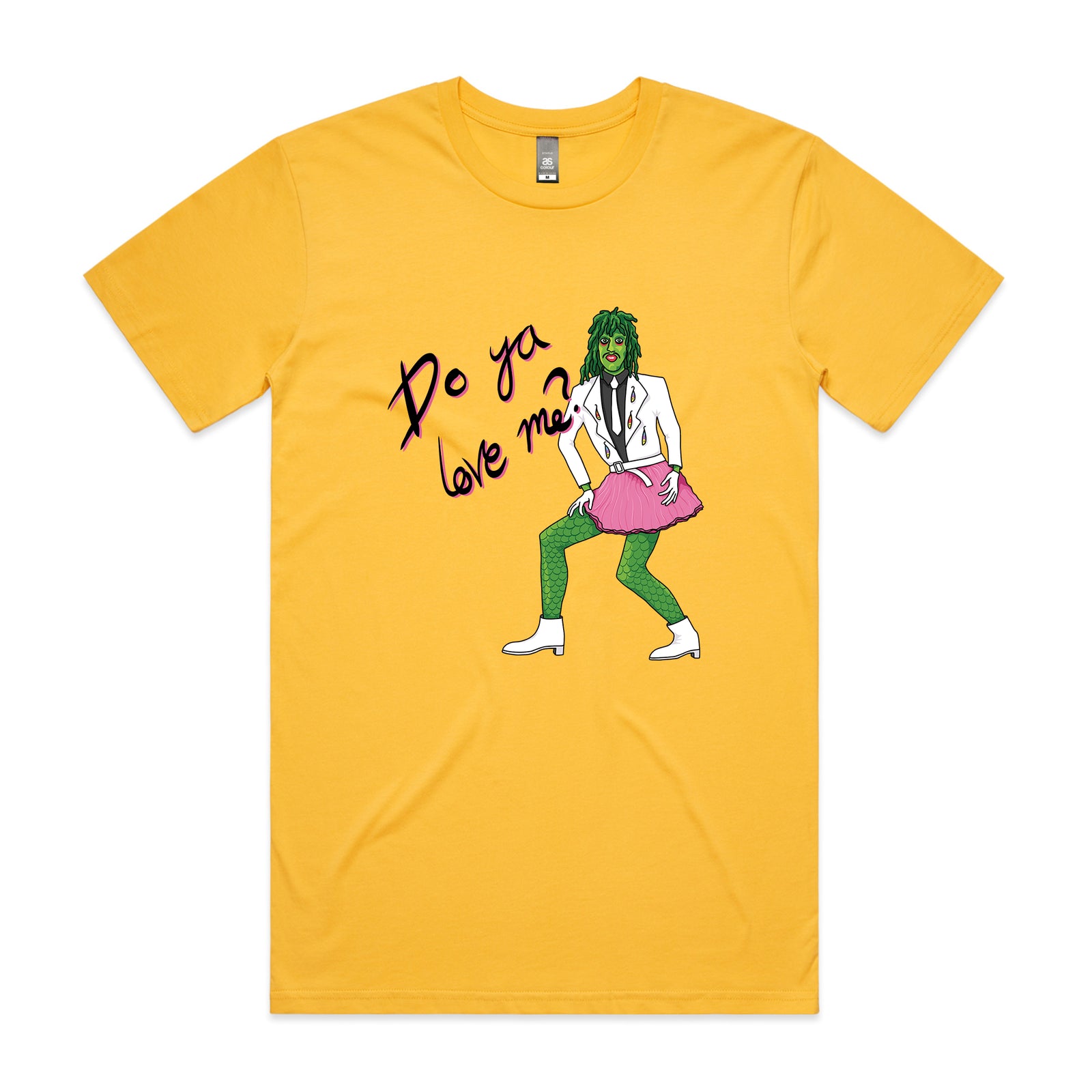 Yellow The Mighty Boosh t-shirt with a graphic of a Old Gregg in green pants and a pink skirt, with text 'Do ya love me?' on a white background.