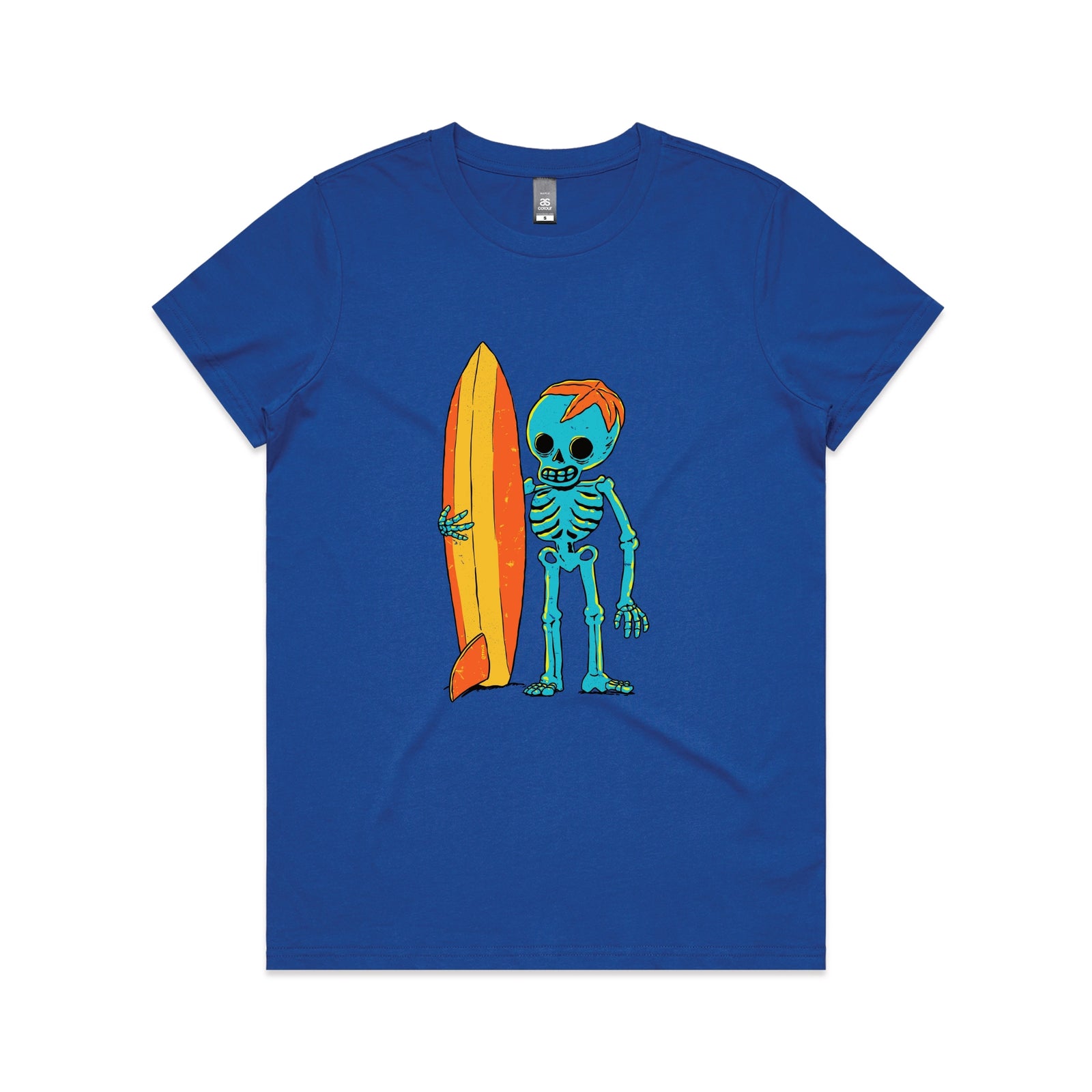 Royal Blue fitted womens t-shirt with Skeleton Surfer graphic by Lonely Kids Club