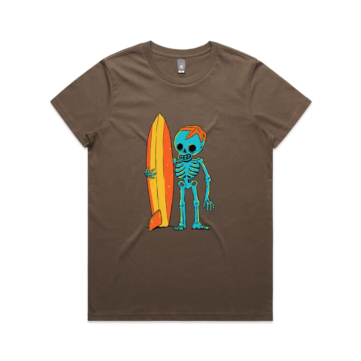 Walnut fitted womens t-shirt with Skeleton Surfer graphic by Lonely Kids Club
