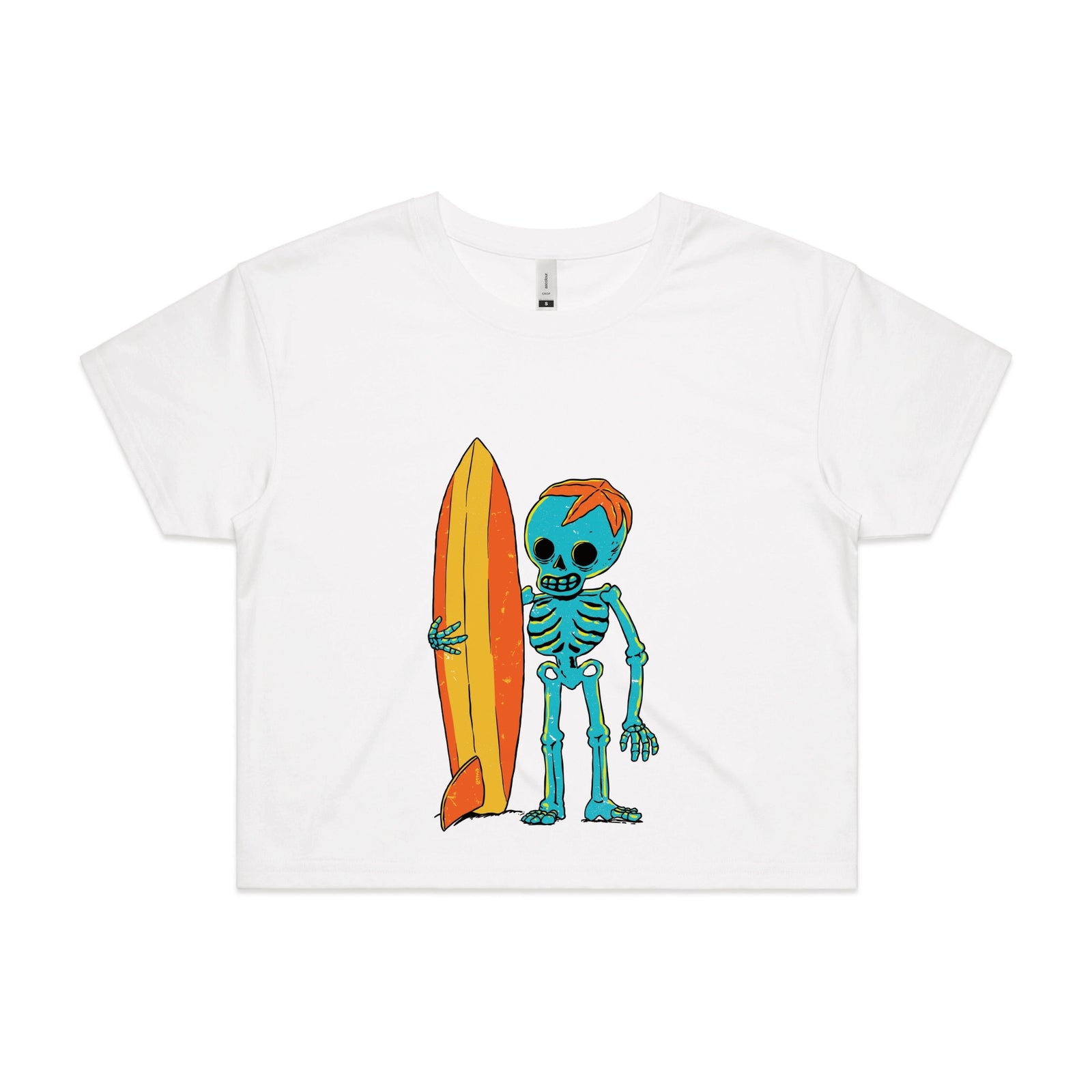 White crop top with Skeleton Surfer graphic by Lonely Kids Club