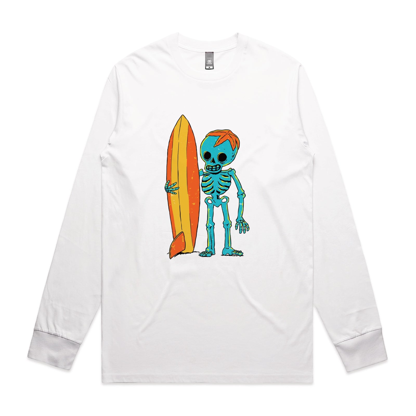 White long sleeve t-shirt with Skeleton Surfer graphic by Lonely Kids Club