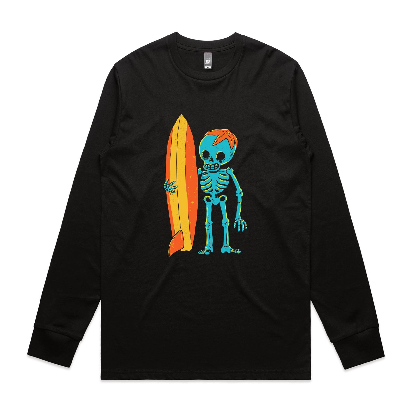 Black long sleeve t-shirt with Skeleton Surfer graphic by Lonely Kids Club