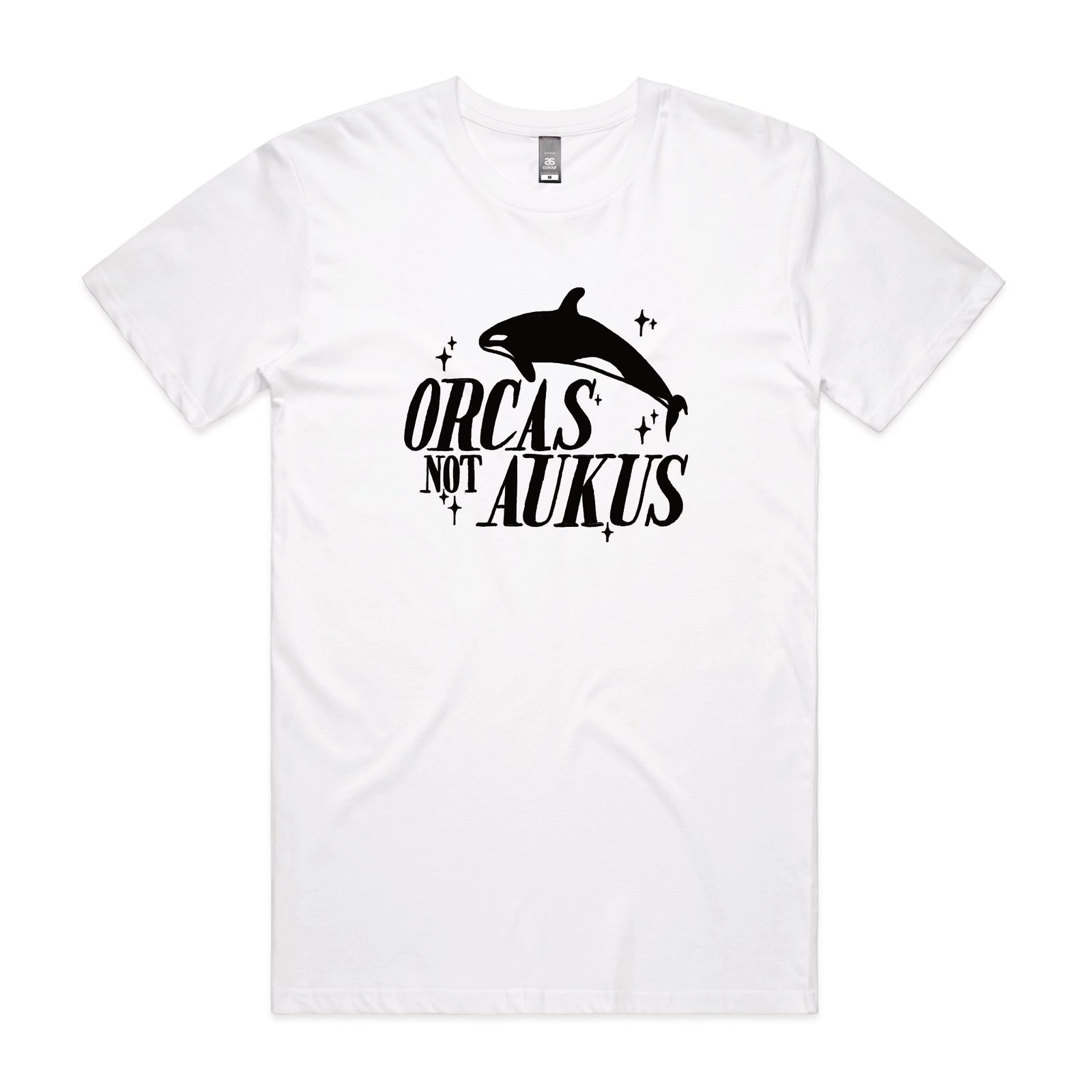 White unisex t-shirt with Orcas Not AUKUS graphic by Lonely Kids Club