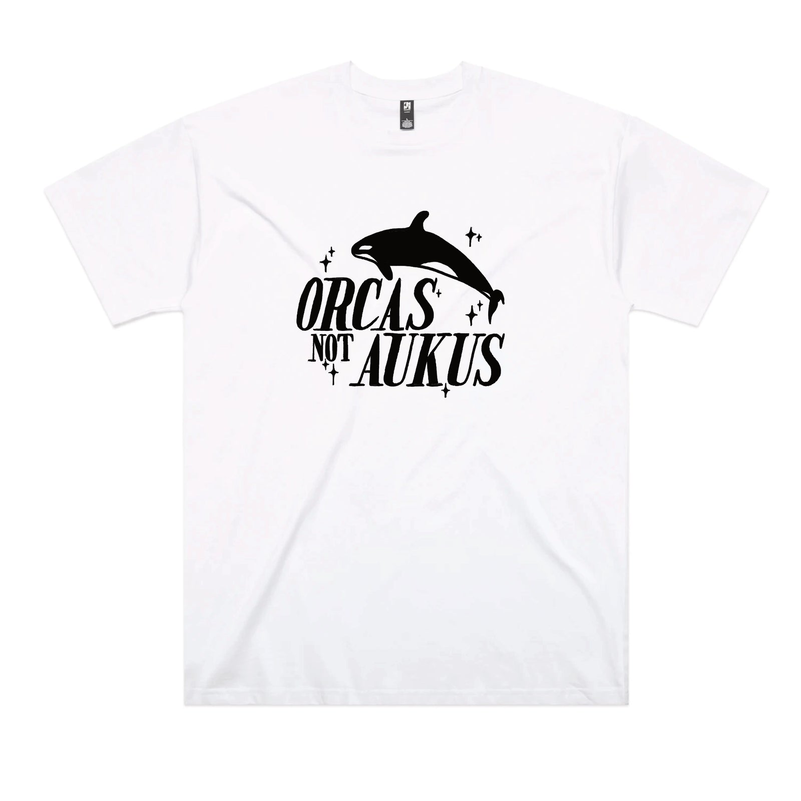 White oversized t-shirt with Orcas Not AUKUS graphic by Lonely Kids Club