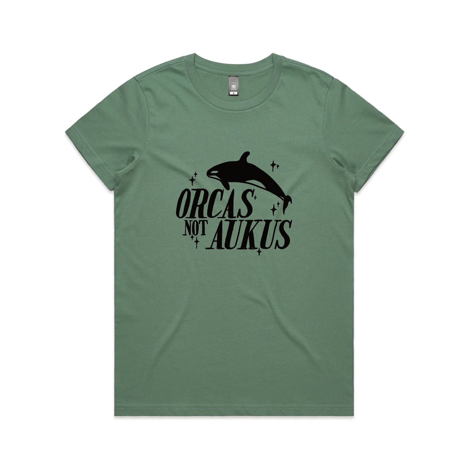 Sage fitted womens t-shirt with Orcas Not AUKUS graphic by Lonely Kids Club