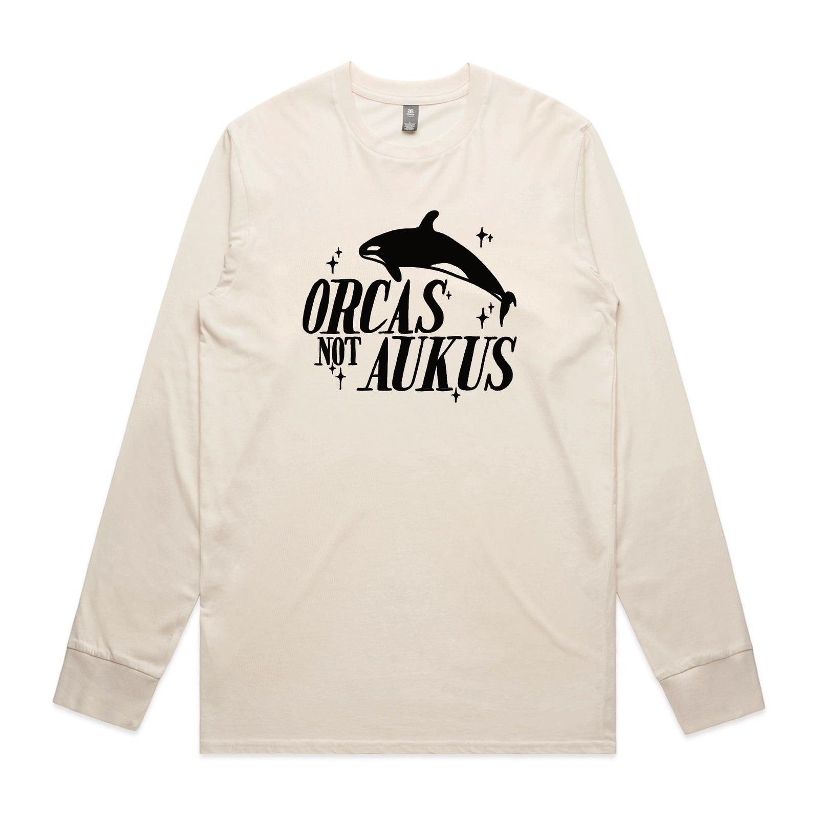 Ecru long sleeve t-shirt with Orcas Not AUKUS graphic by Lonely Kids Club