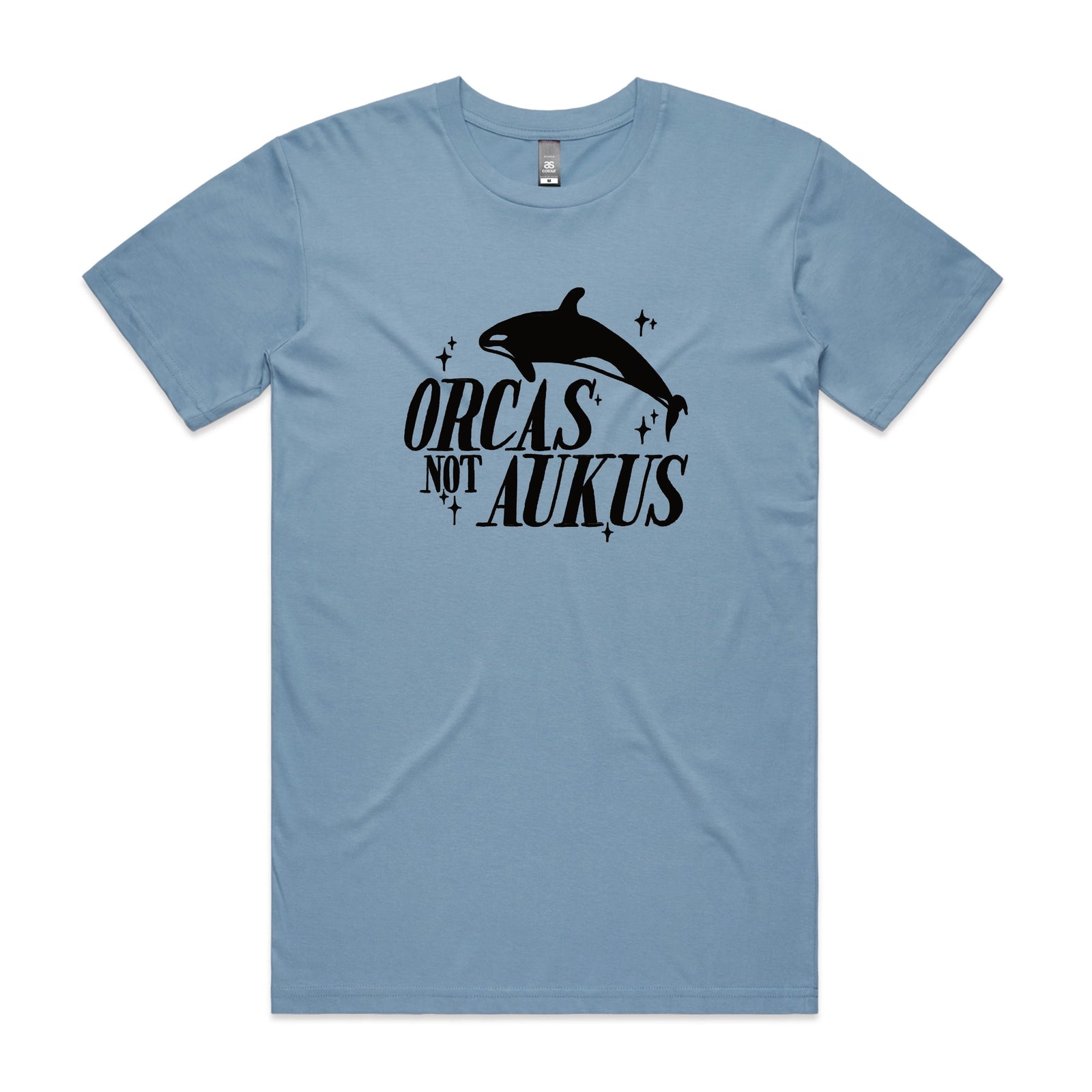 Carolina Blue unisex t-shirt with Orcas Not AUKUS graphic by Lonely Kids Club