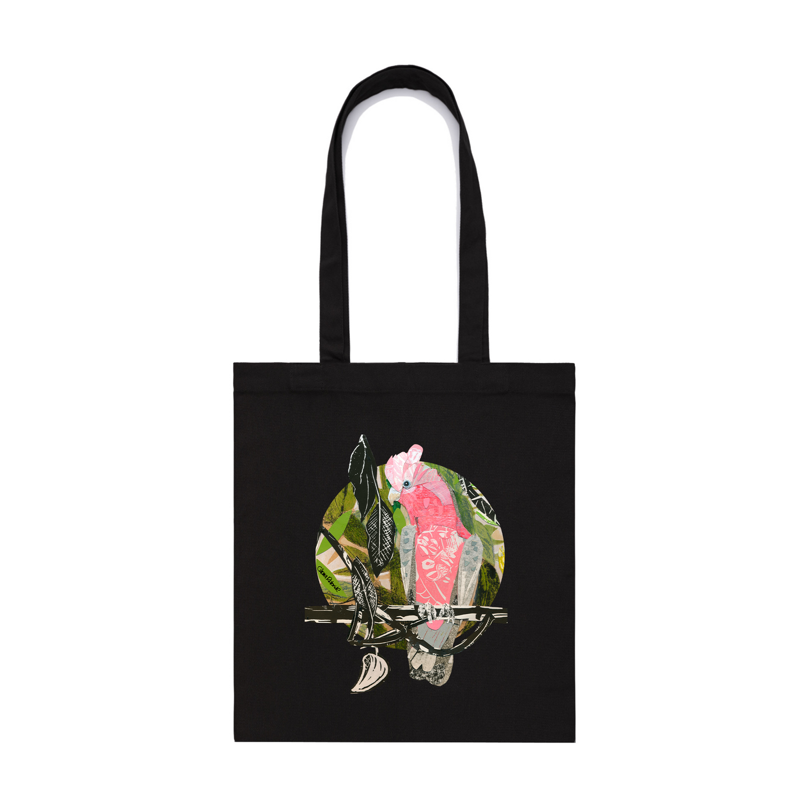 Black parcel tote with Paper Galah Tote graphic by Lonely Kids Club