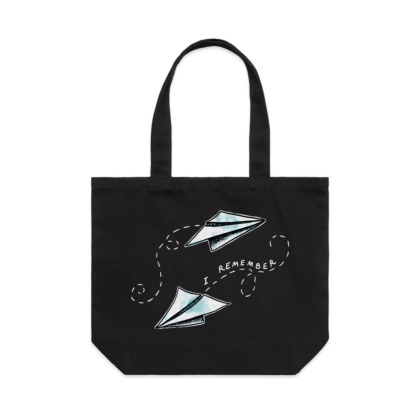 Black shoulder tote with Paper Planes Tote graphic by Lonely Kids Club