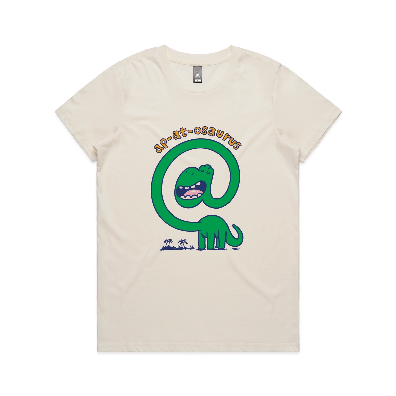 Ecru fitted womens t-shirt with Ap-at-osaurus graphic by Lonely Kids Club