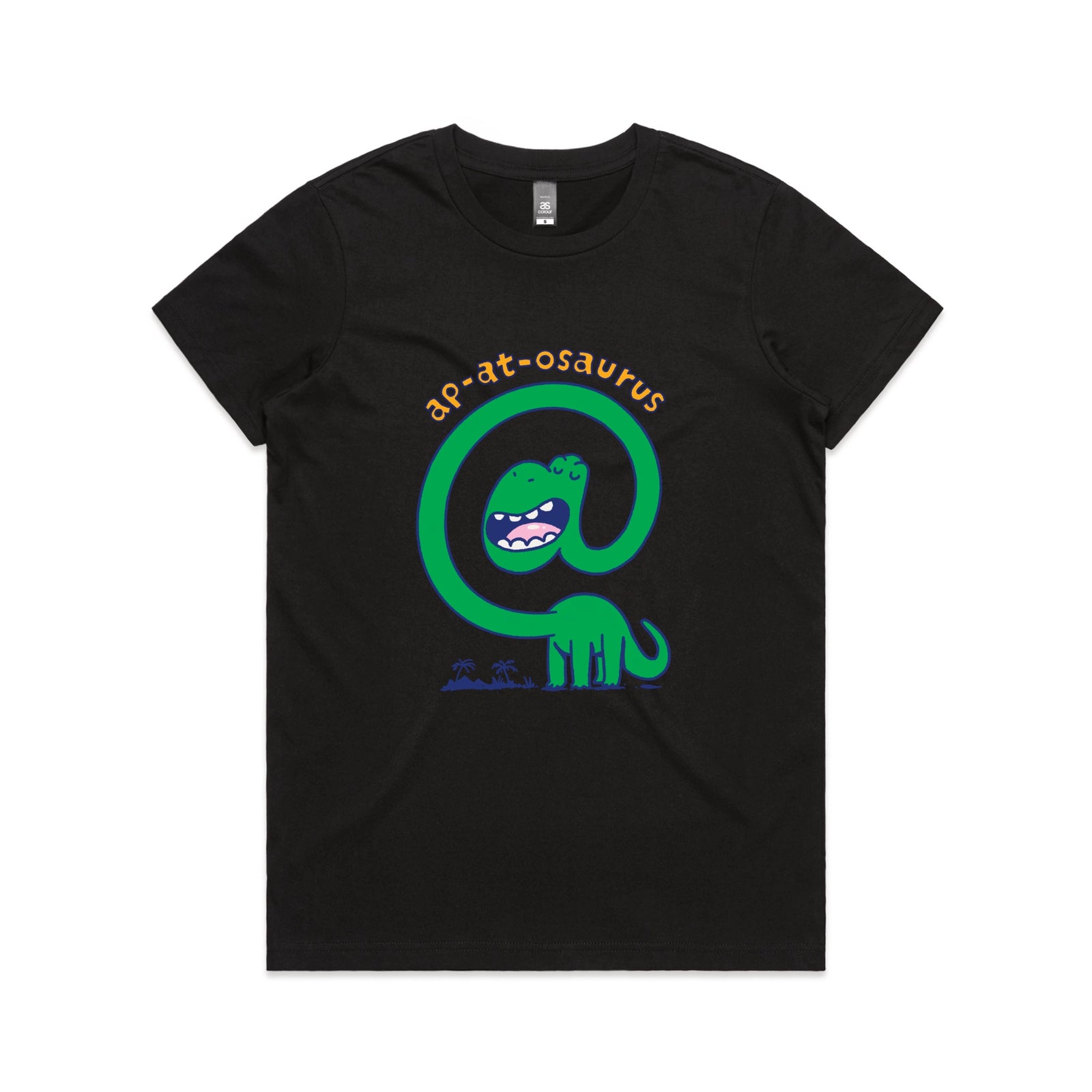 Black fitted womens t-shirt with Ap-at-osaurus graphic by Lonely Kids Club
