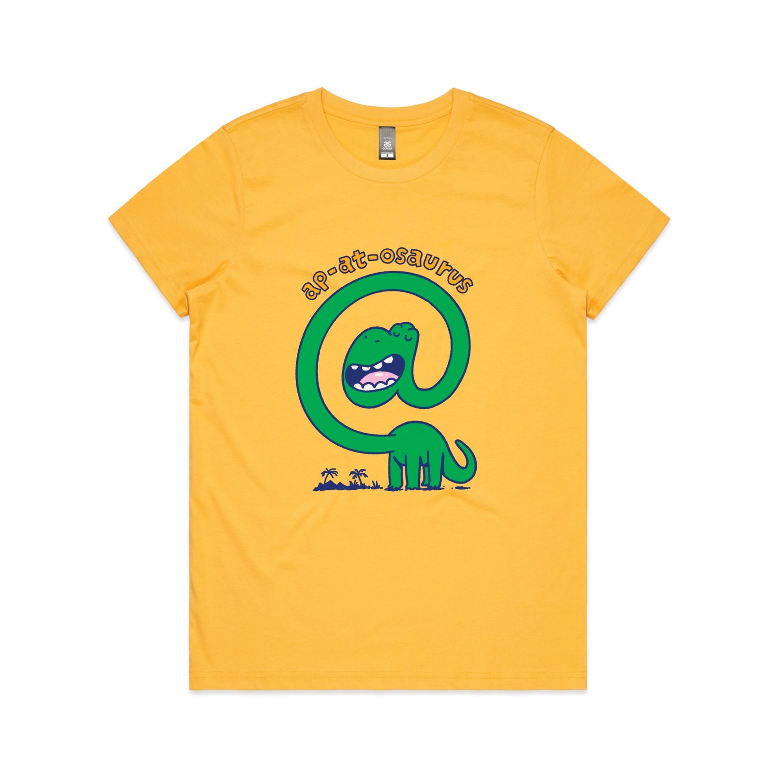 Yellow fitted womens t-shirt with Ap-at-osaurus graphic by Lonely Kids Club