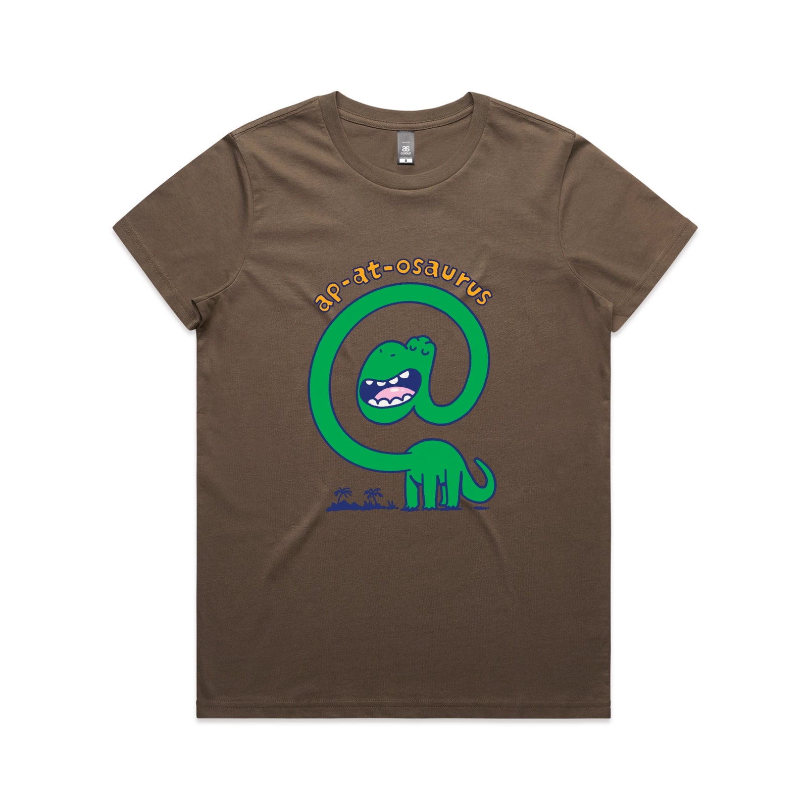Walnut fitted womens t-shirt with Ap-at-osaurus graphic by Lonely Kids Club