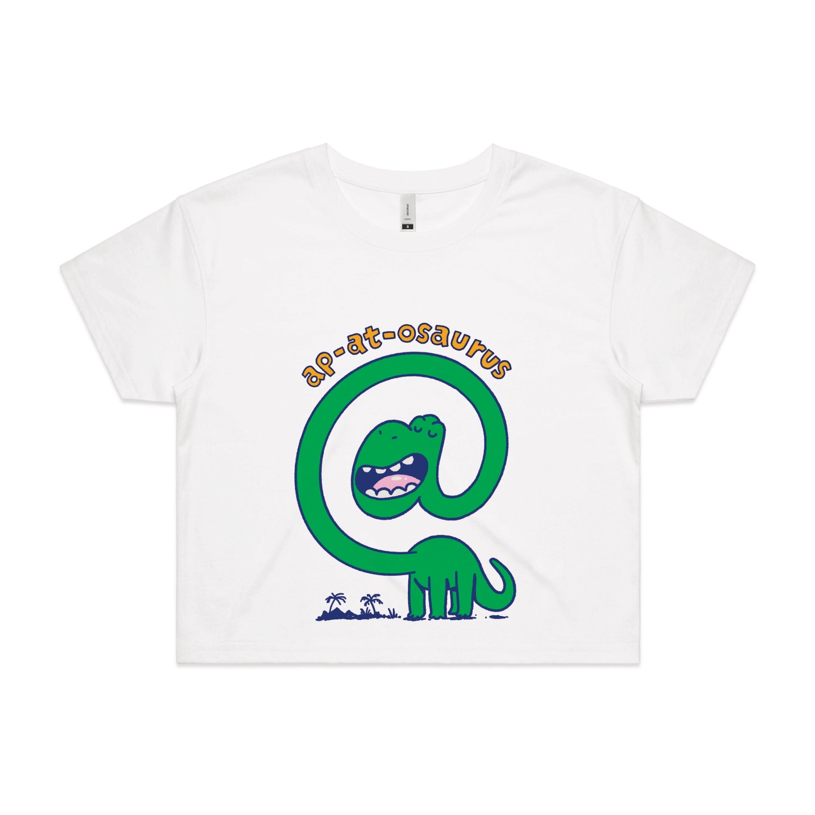 White crop top with Ap-at-osaurus graphic by Lonely Kids Club