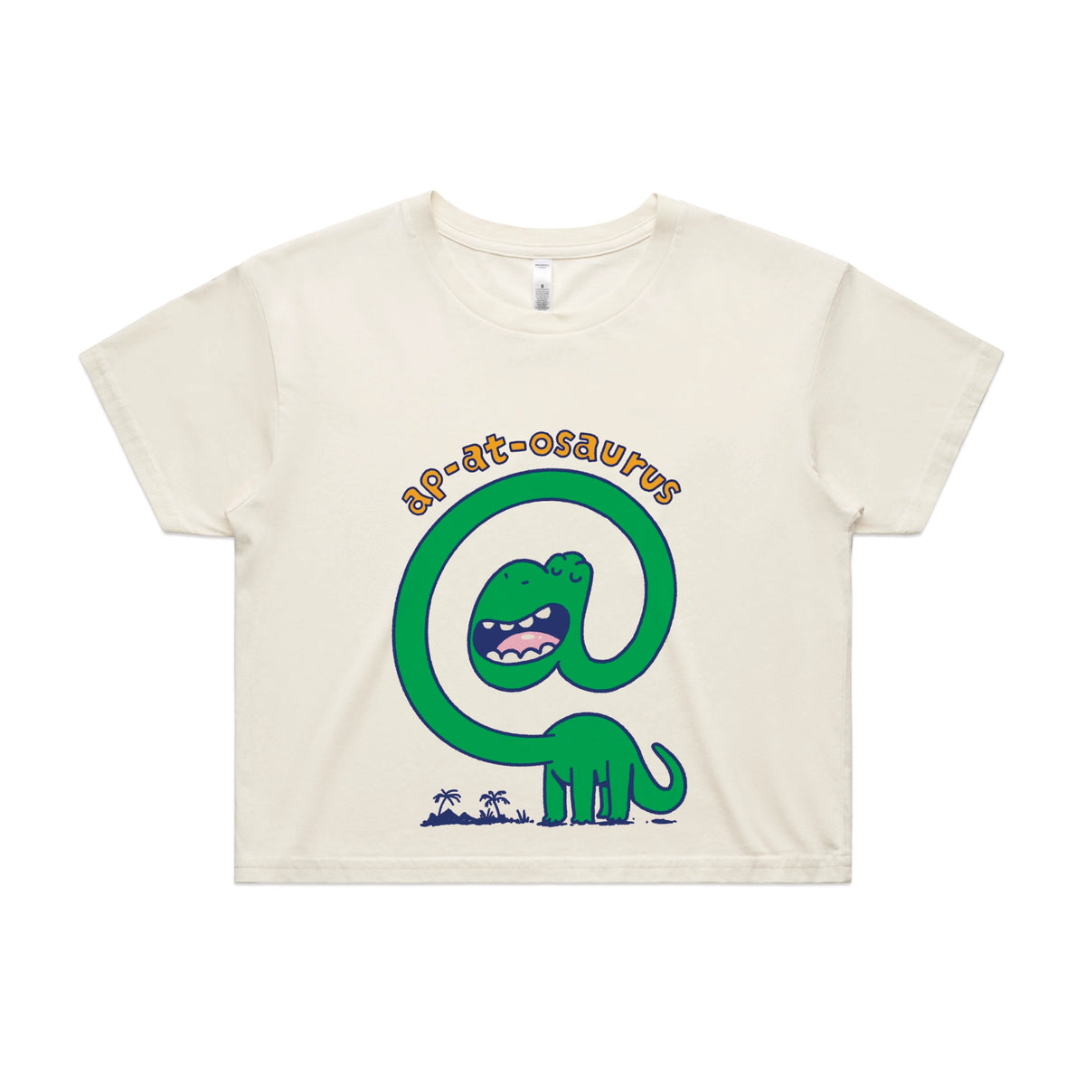 Ecru crop top with Ap-at-osaurus graphic by Lonely Kids Club