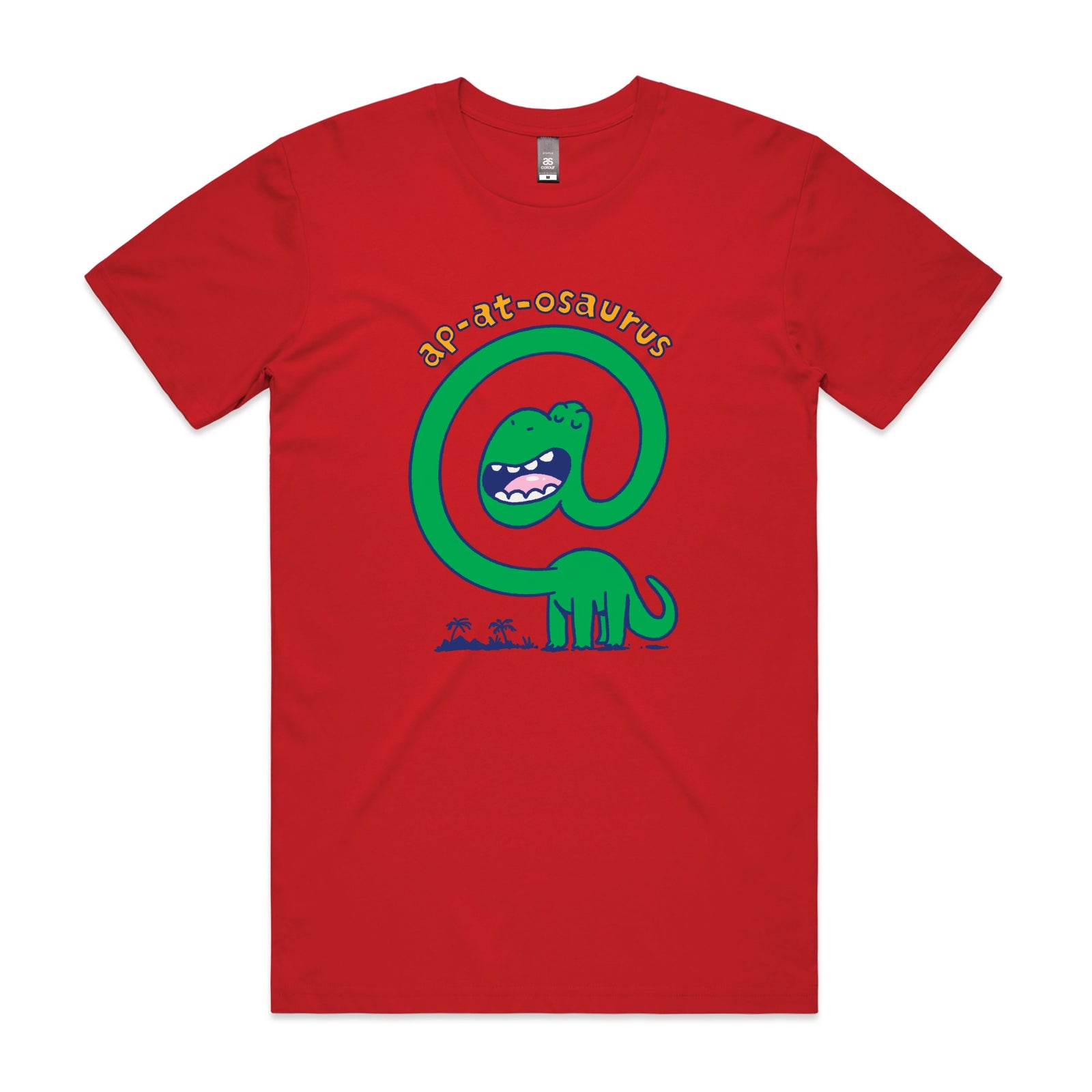 Red unisex t-shirt with Ap-at-osaurus graphic by Lonely Kids Club