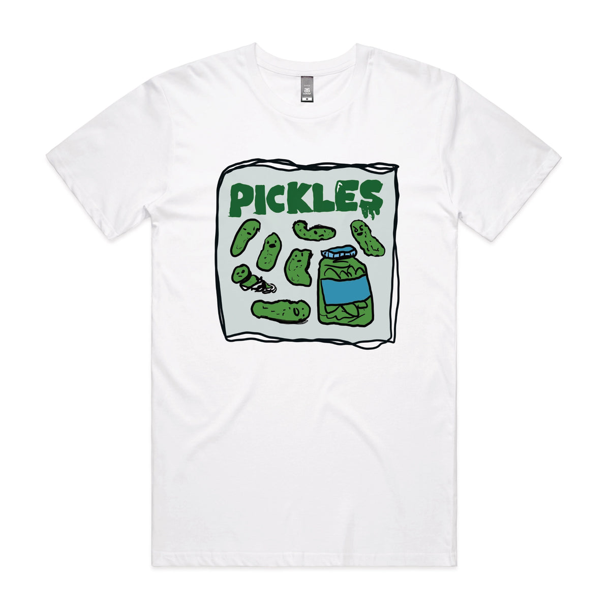 White unisex t-shirt with Pickles graphic by Lonely Kids Club