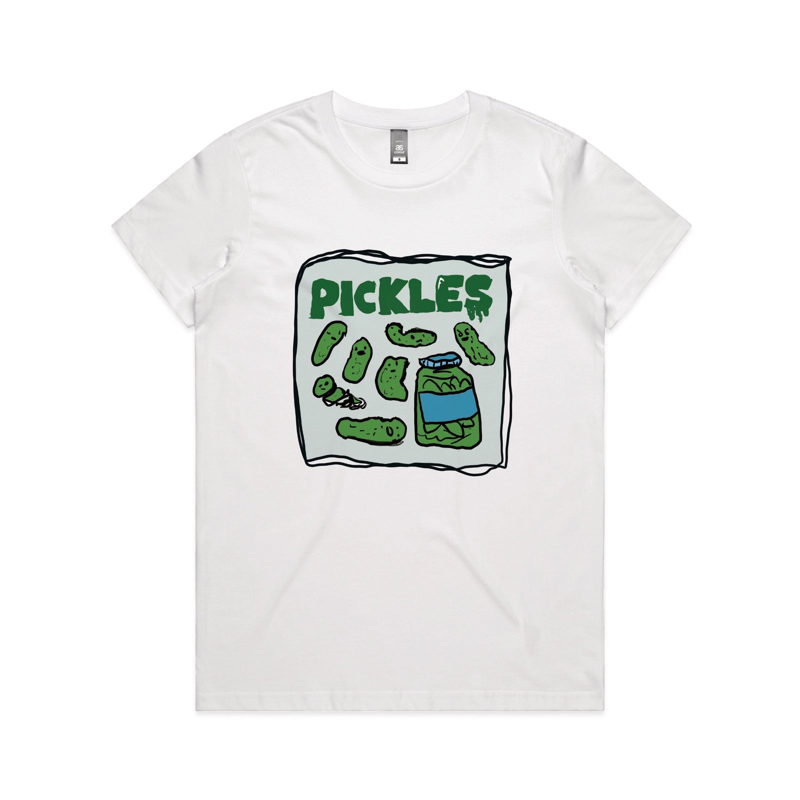 White fitted womens t-shirt with Pickles graphic by Lonely Kids Club