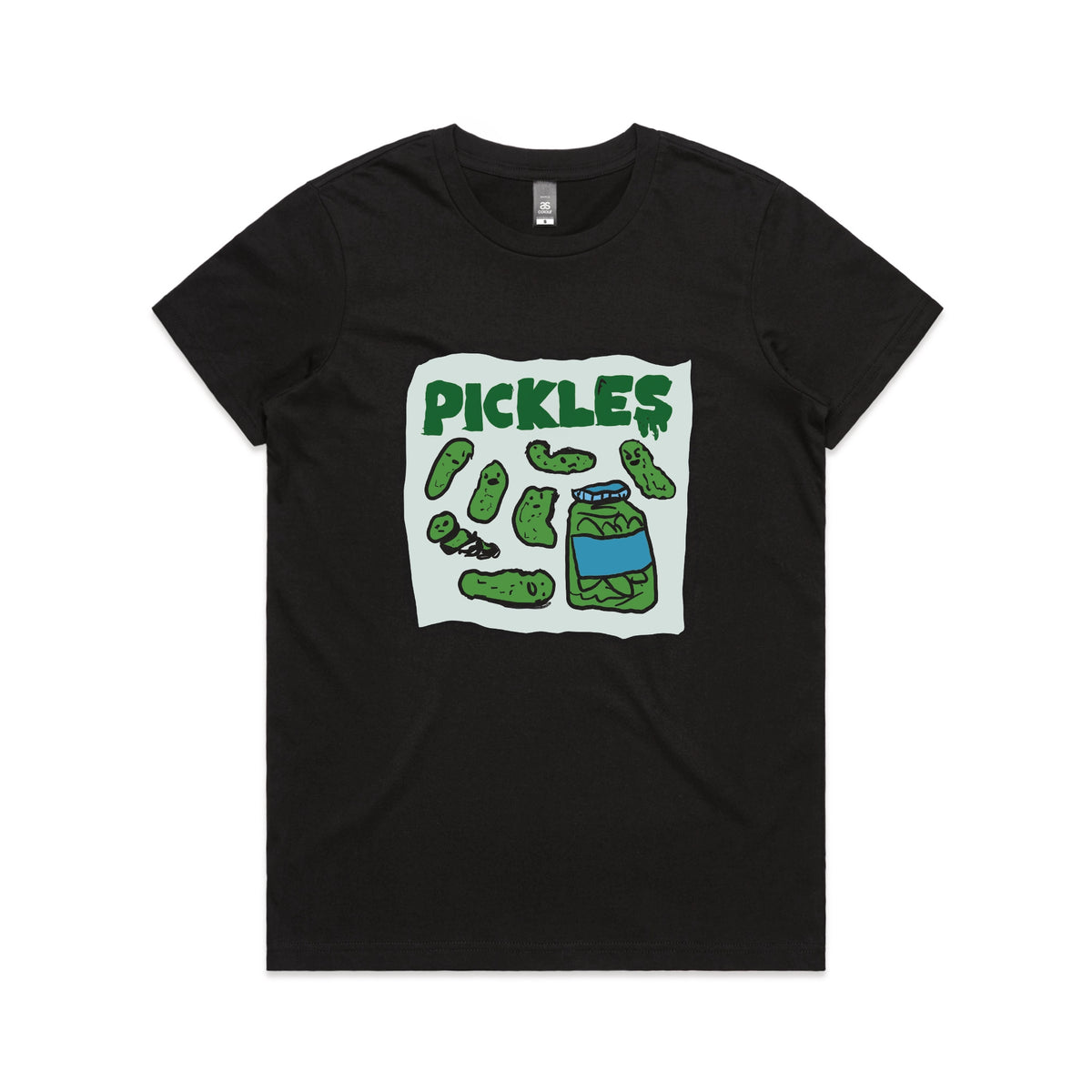 Black fitted womens t-shirt with Pickles graphic by Lonely Kids Club
