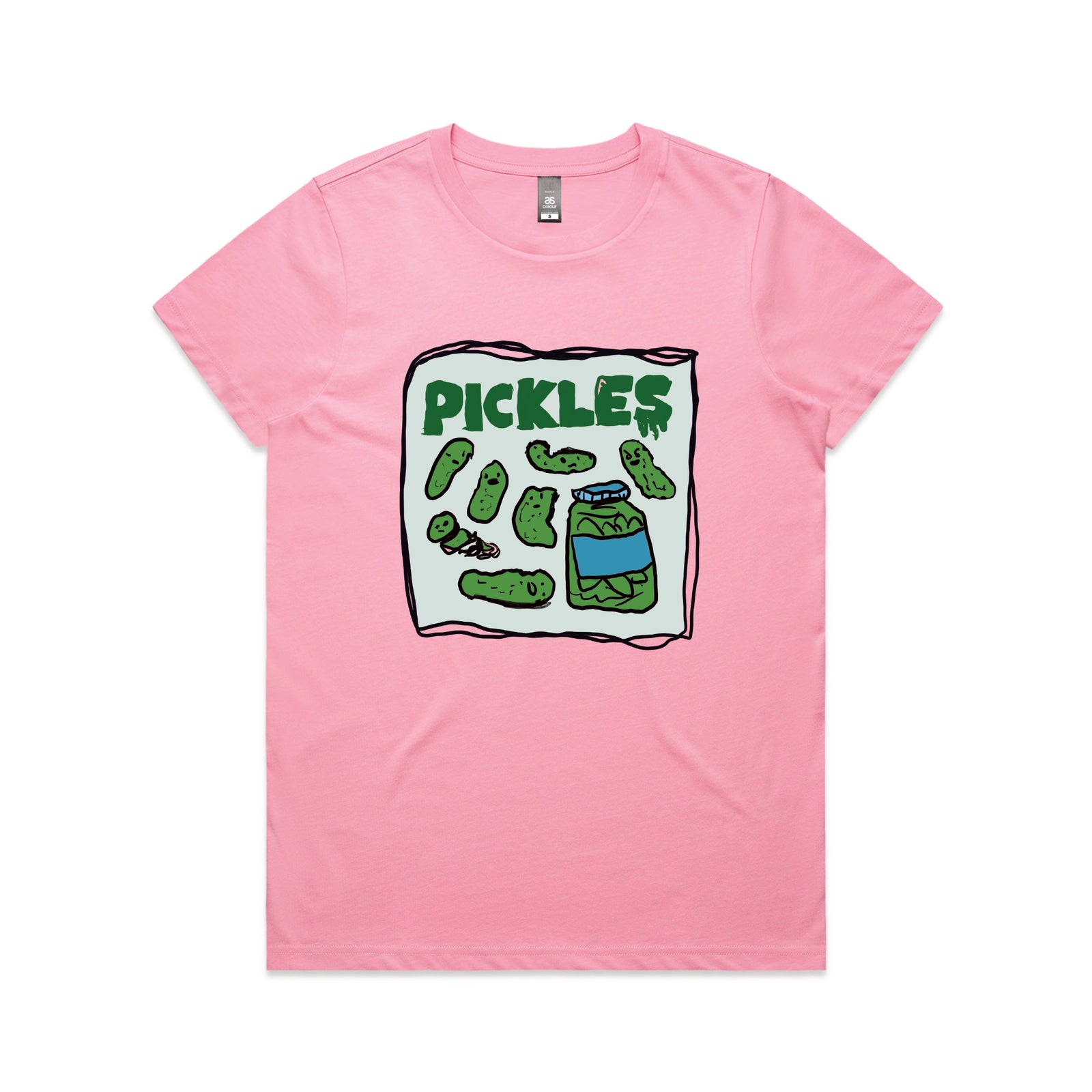 Bubblegum fitted womens t-shirt with Pickles graphic by Lonely Kids Club