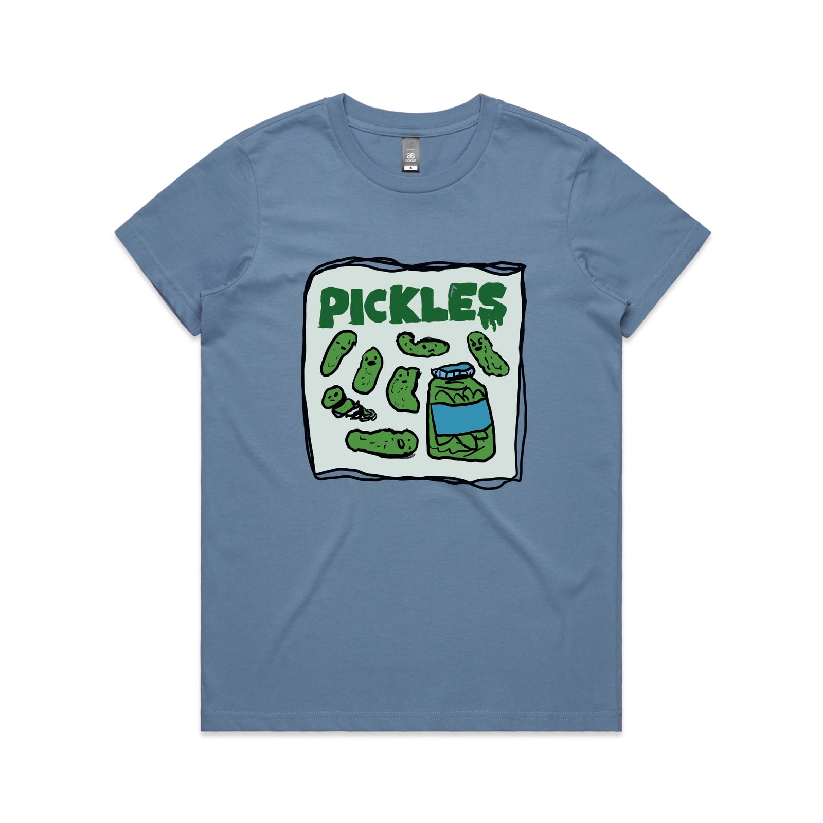 Carolina Blue fitted womens t-shirt with Pickles graphic by Lonely Kids Club