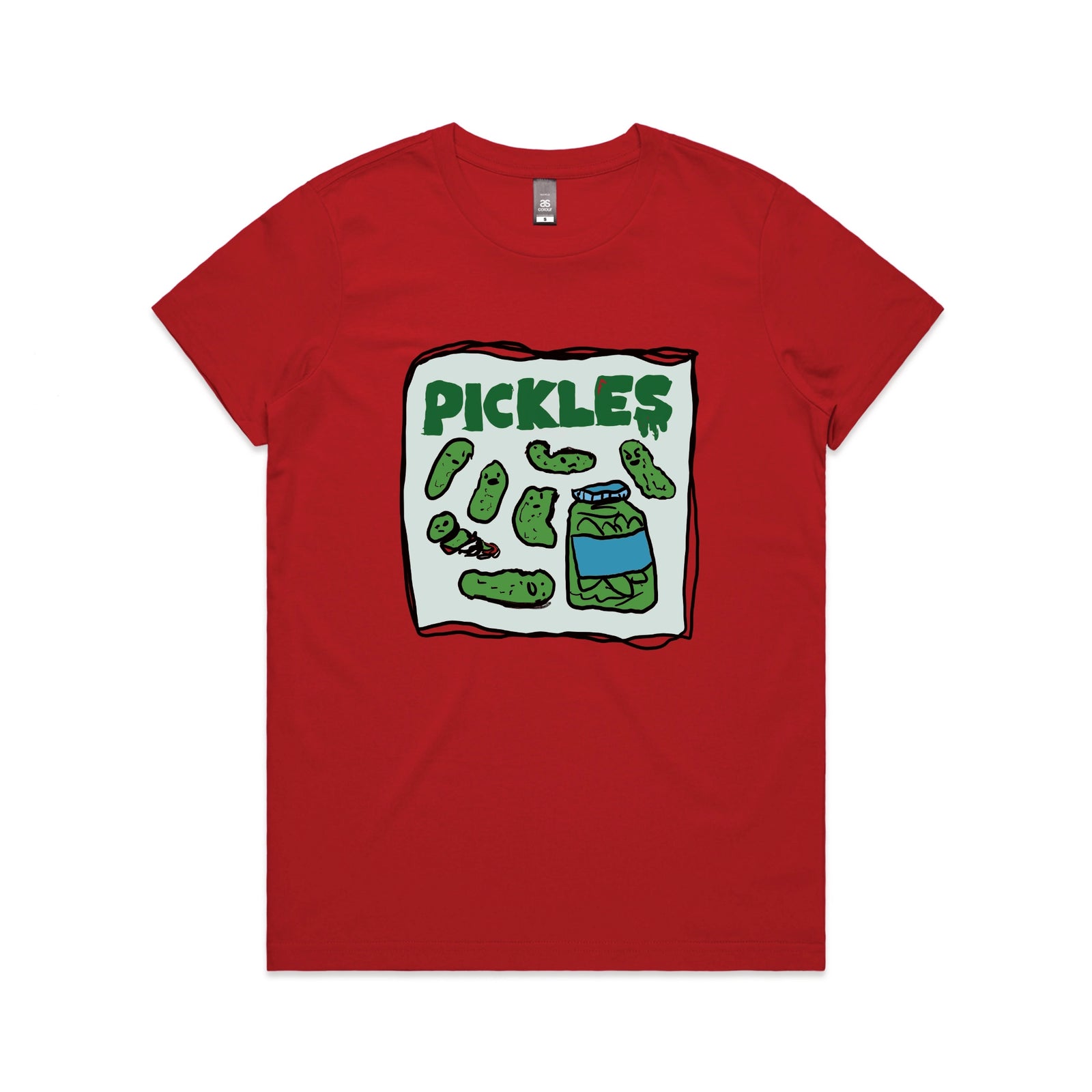 Red fitted womens t-shirt with Pickles graphic by Lonely Kids Club