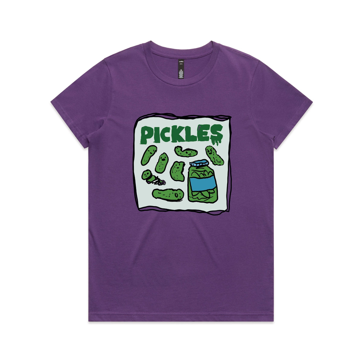 Purple fitted womens t-shirt with Pickles graphic by Lonely Kids Club