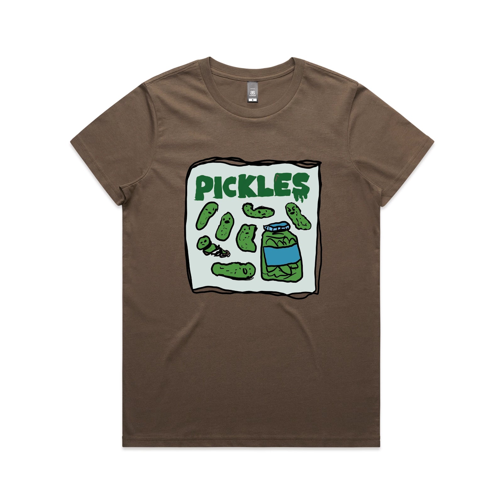 Walnut fitted womens t-shirt with Pickles graphic by Lonely Kids Club