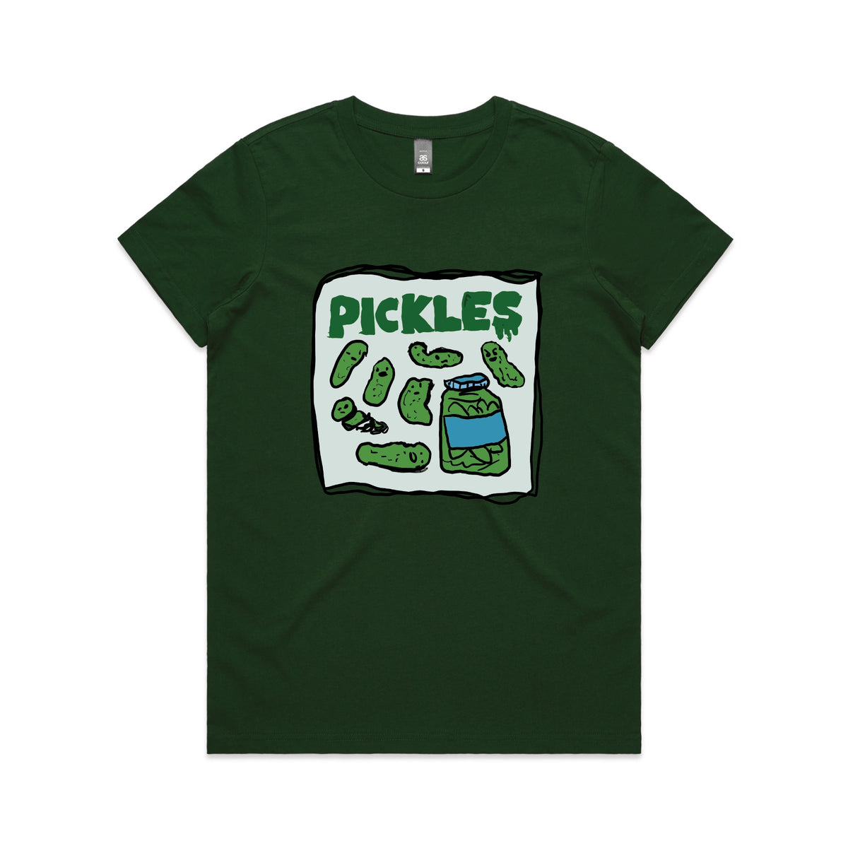 Forest Green fitted womens t-shirt with Pickles graphic by Lonely Kids Club