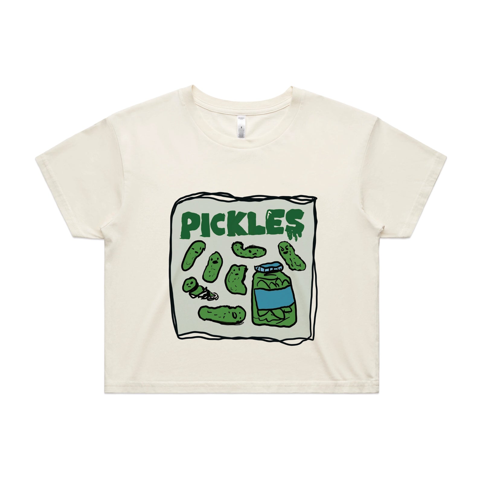 Ecru crop top with Pickles graphic by Lonely Kids Club