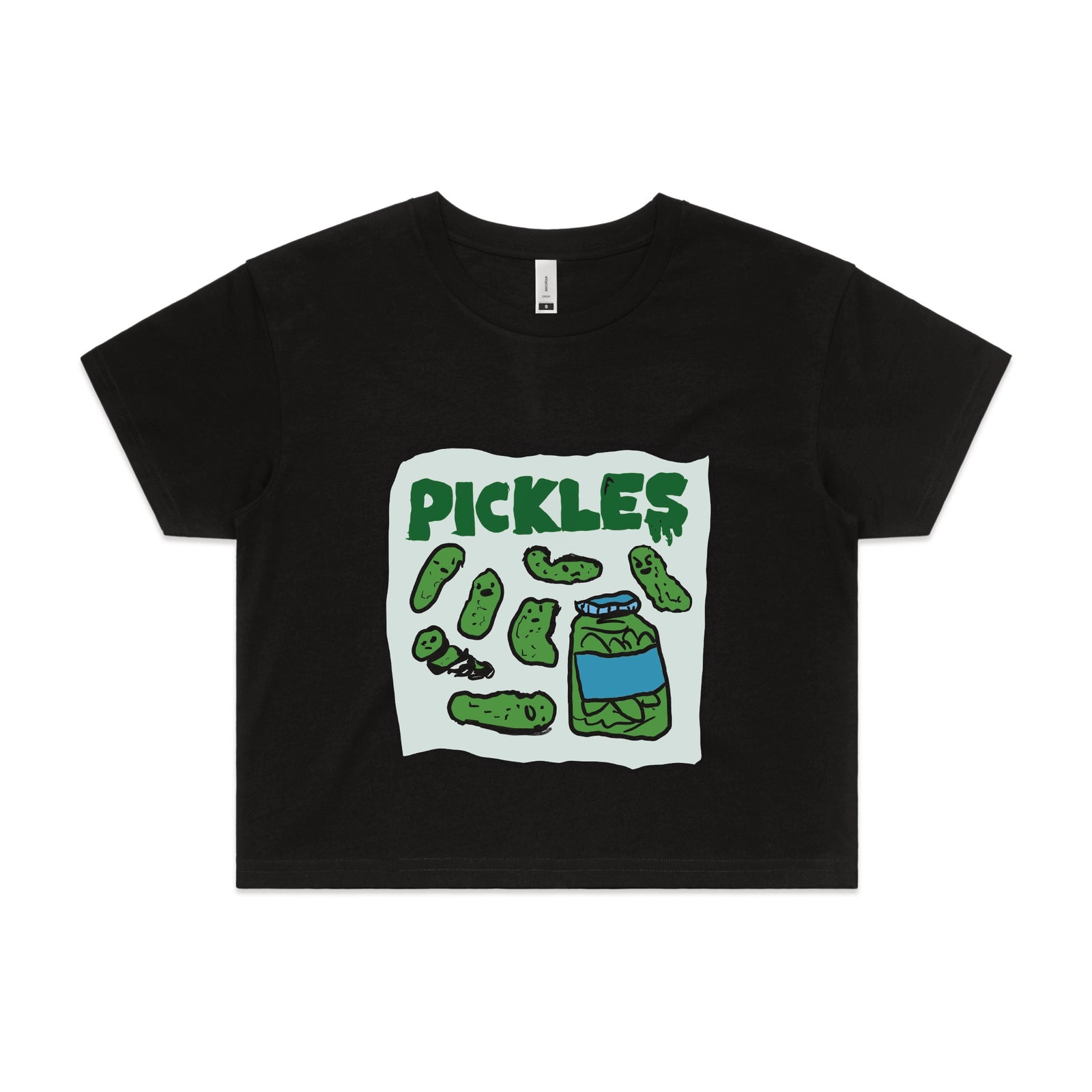 Black crop top with Pickles graphic by Lonely Kids Club