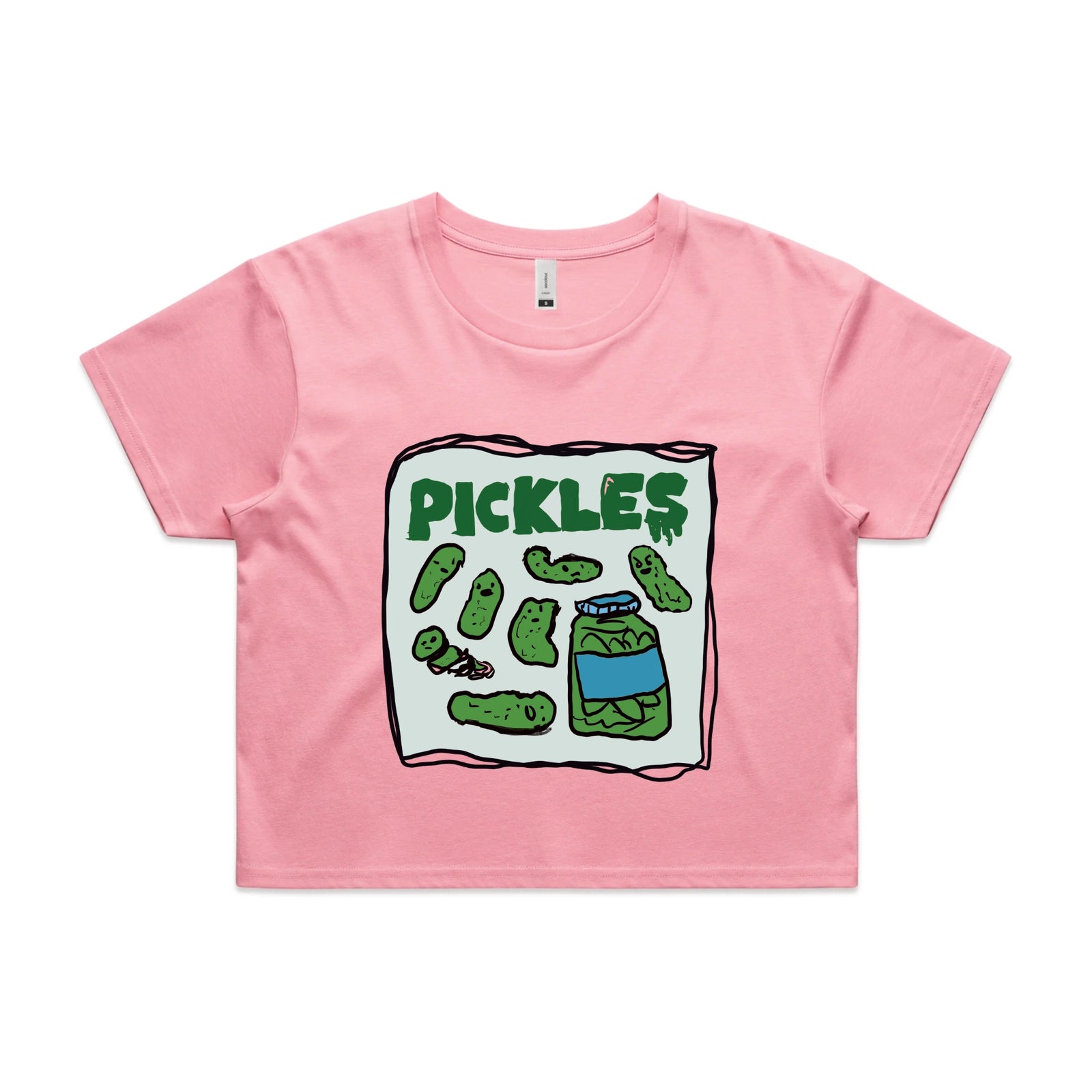 Bubblegum crop top with Pickles graphic by Lonely Kids Club