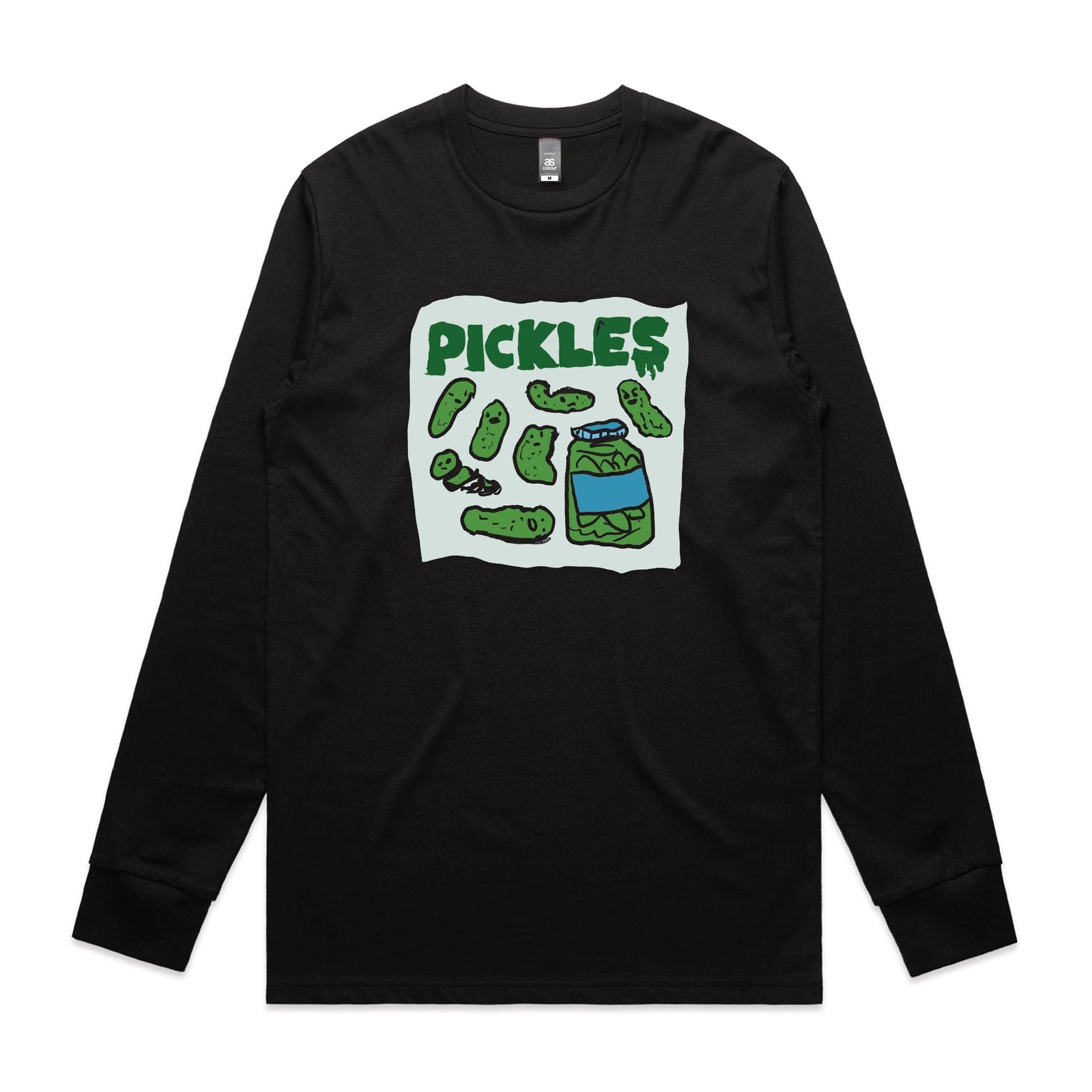 Black long sleeve t-shirt with Pickles graphic by Lonely Kids Club