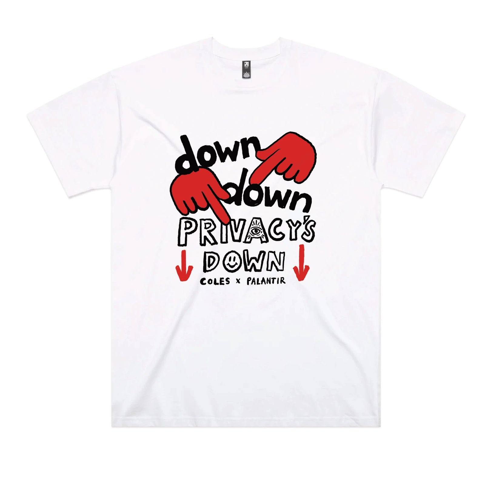 White oversized t-shirt with Privacy's Down graphic by Lonely Kids Club