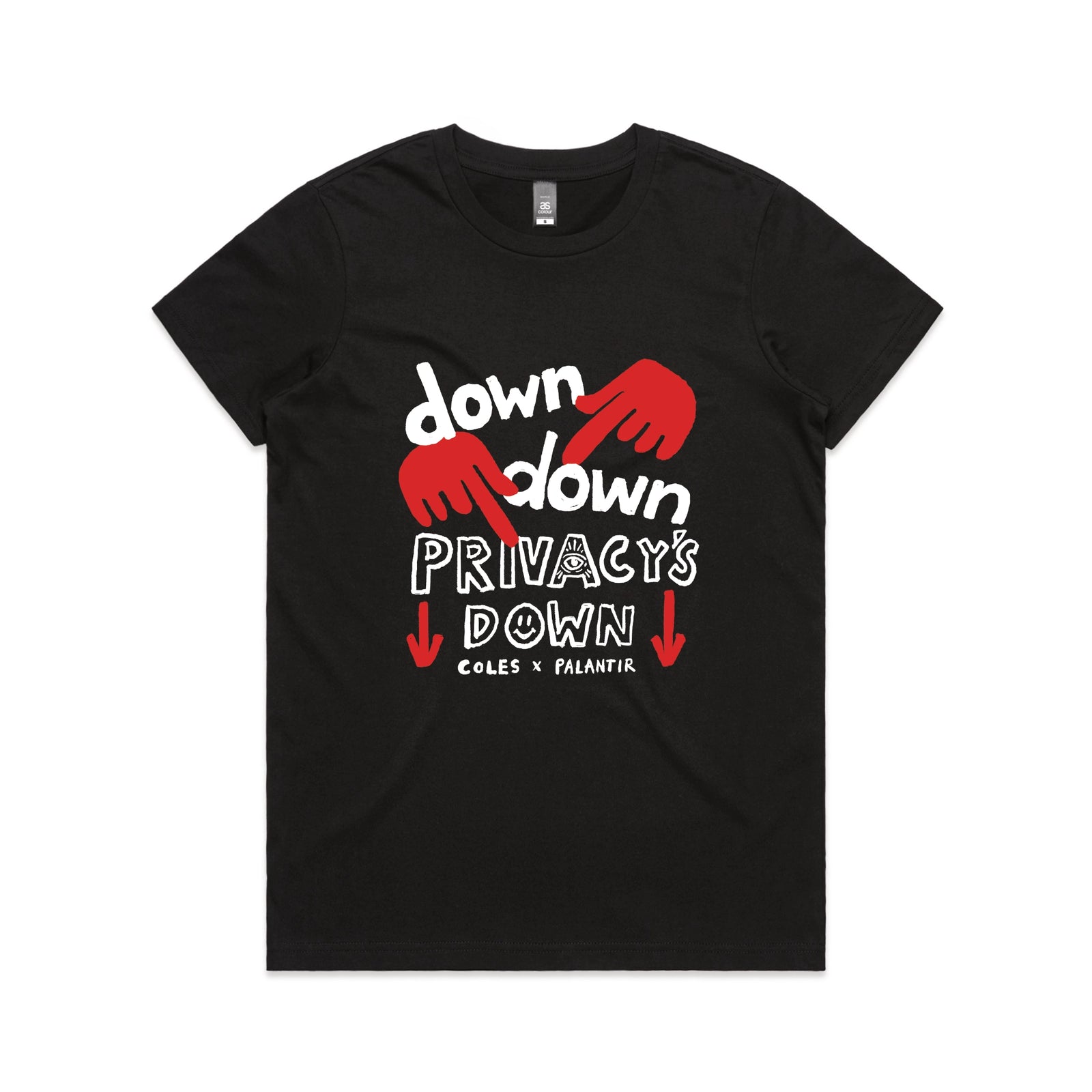 Black fitted womens t-shirt with Privacy's Down graphic by Lonely Kids Club