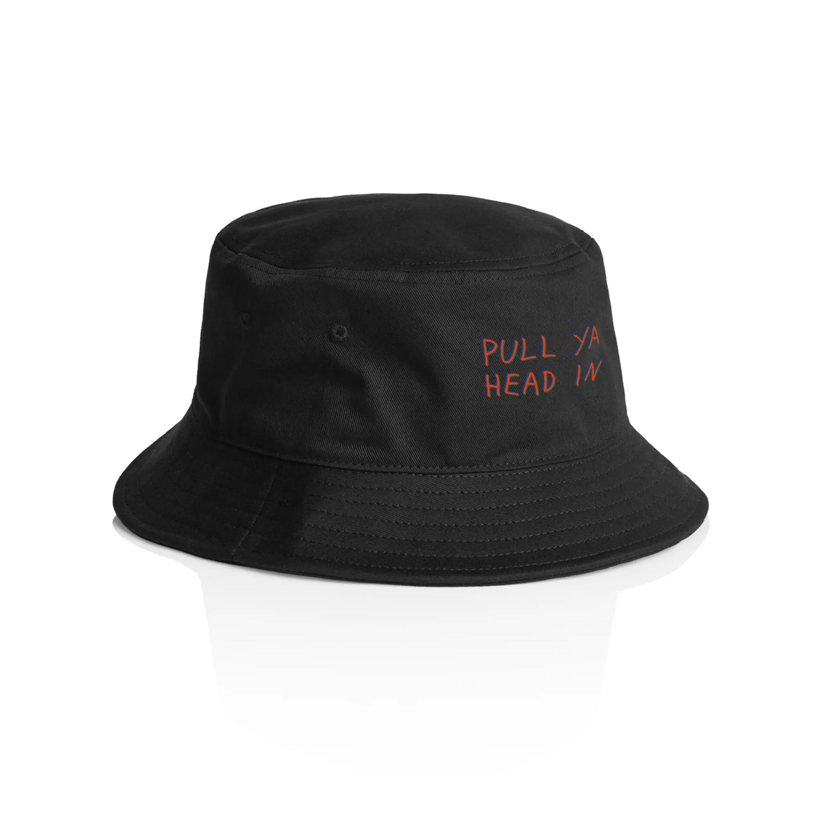 Black bucket hat with Pull Ya Head In Bucket Hat graphic by Lonely Kids Club