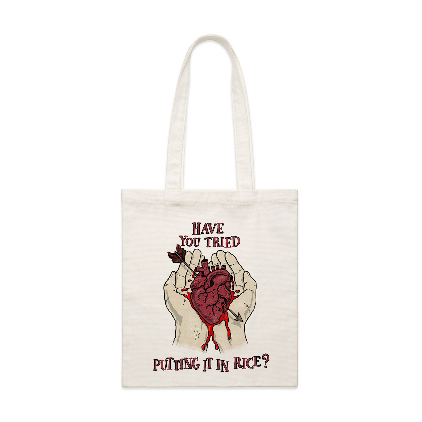 Cream parcel tote with Put It In Rice Tote graphic by Lonely Kids Club