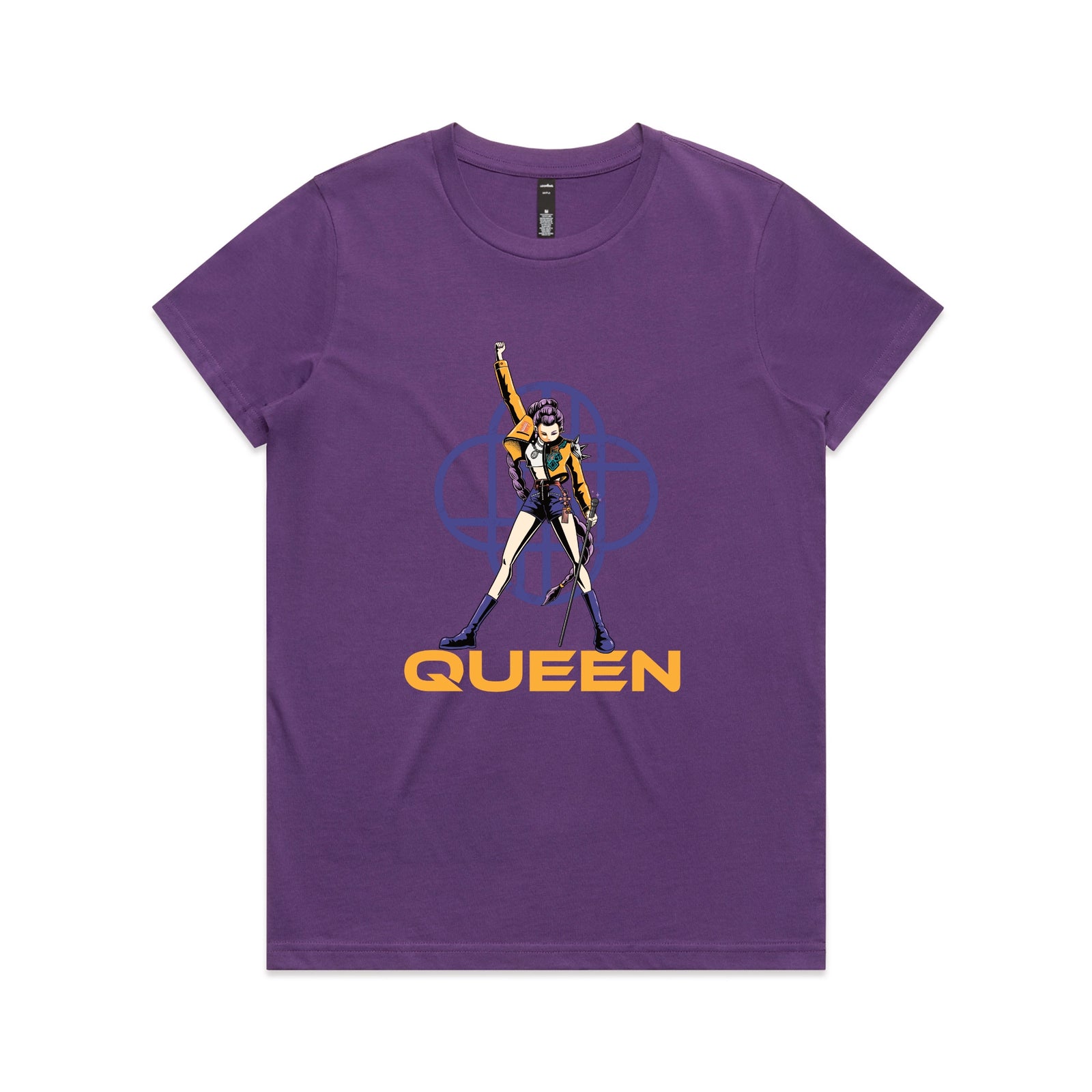 Purple fitted womens t-shirt with Queen graphic by Lonely Kids Club
