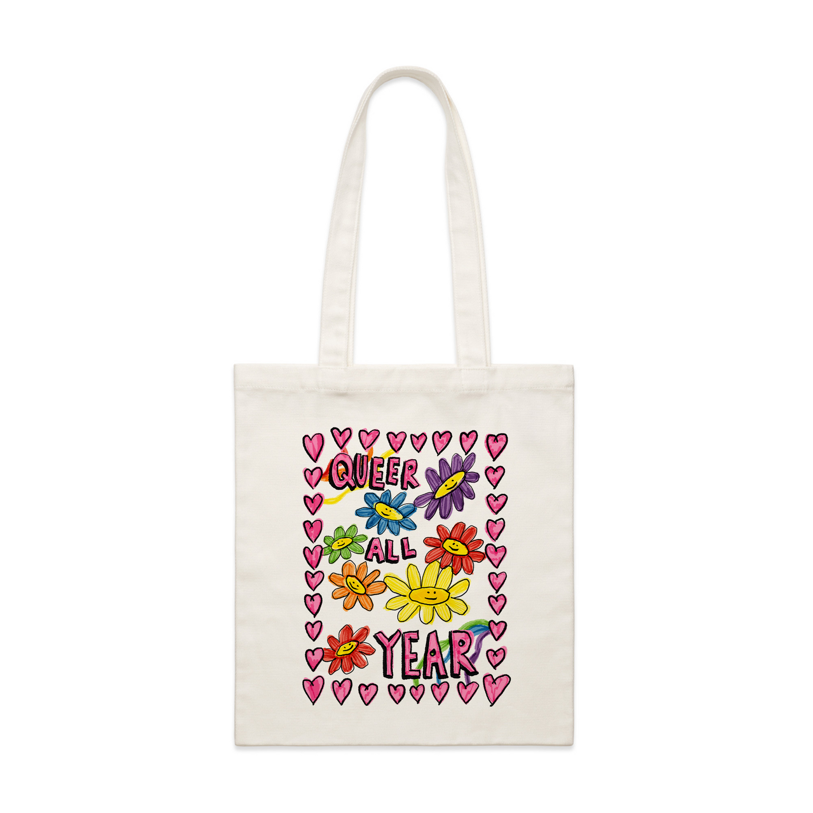 Cream parcel tote with Queer All Year Tote graphic by Lonely Kids Club