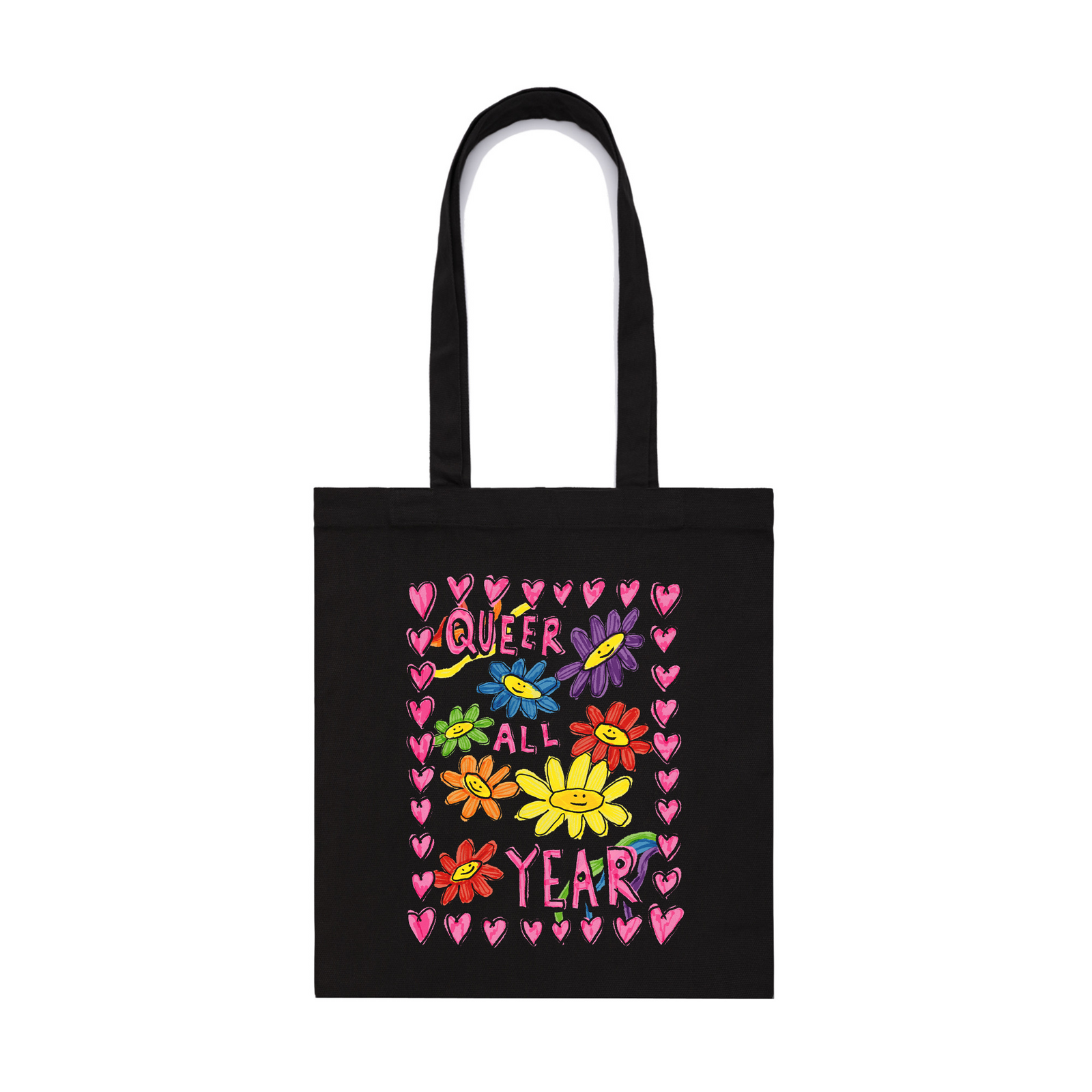 Black parcel tote with Queer All Year Tote graphic by Lonely Kids Club