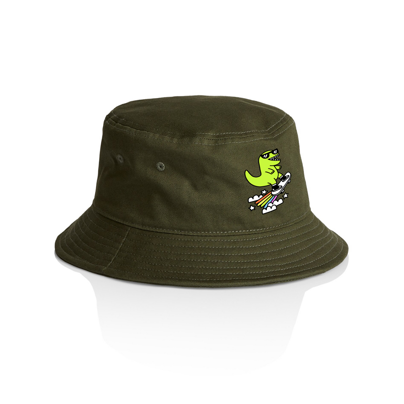 Army Green bucket hat with Rad Rex Bucket Hat graphic by Lonely Kids Club