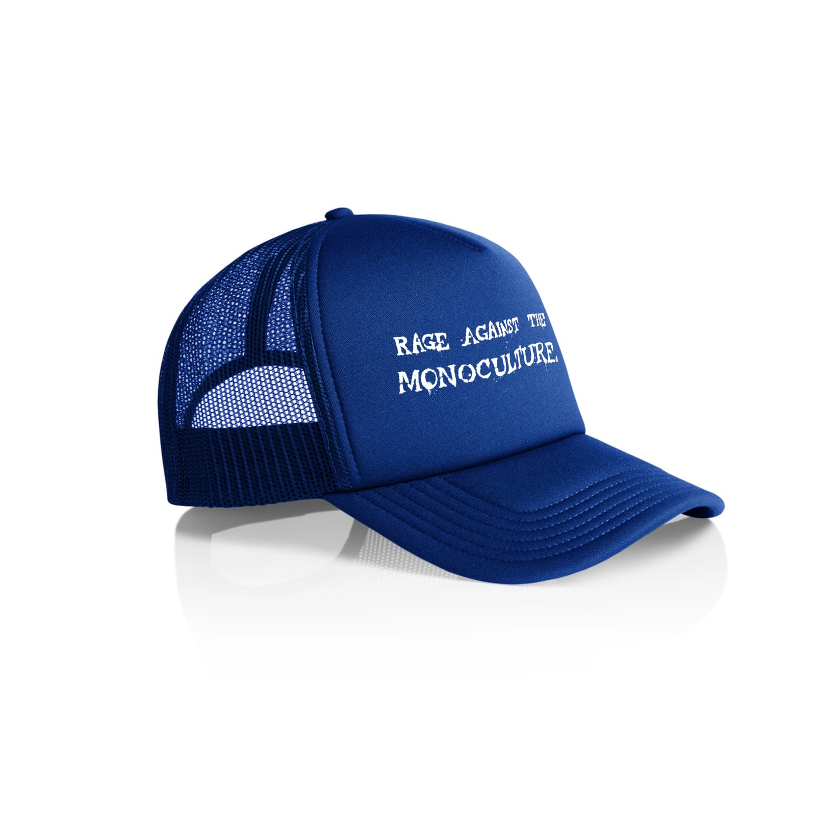 Royal Blue trucker cap with Rage Against The Monoculture Hat graphic by Lonely Kids Club