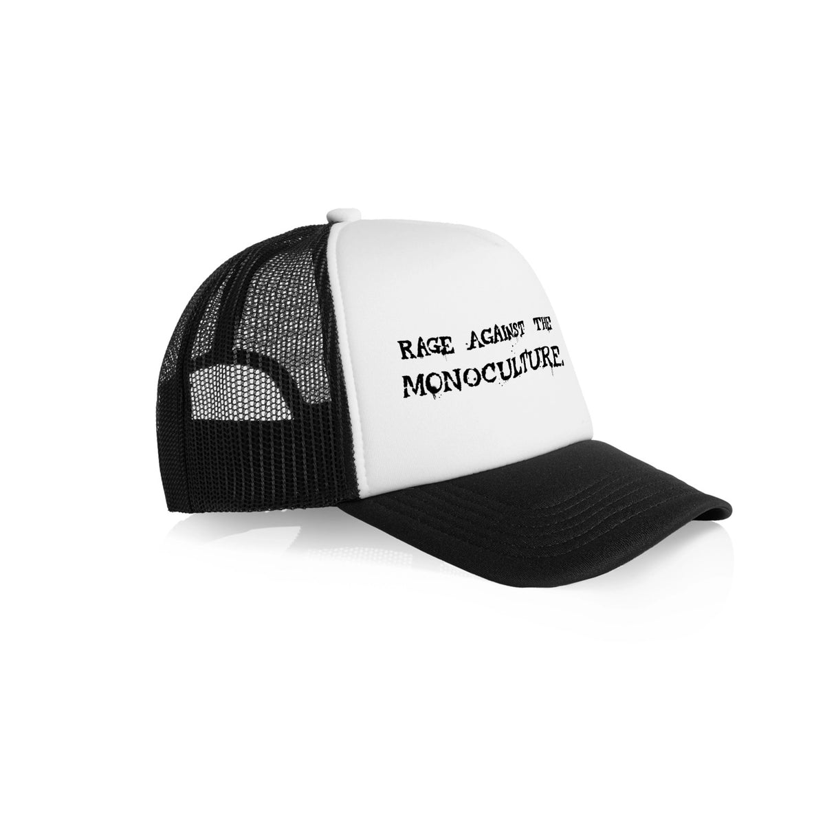 Black/White Contrast trucker cap with Rage Against The Monoculture Hat graphic by Lonely Kids Club