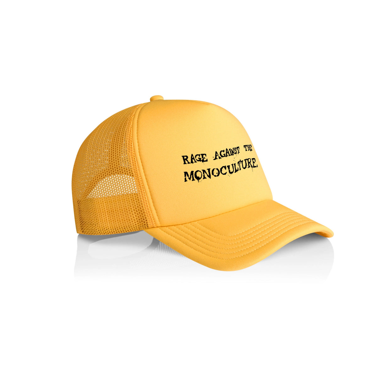 Yellow trucker cap with Rage Against The Monoculture Hat graphic by Lonely Kids Club