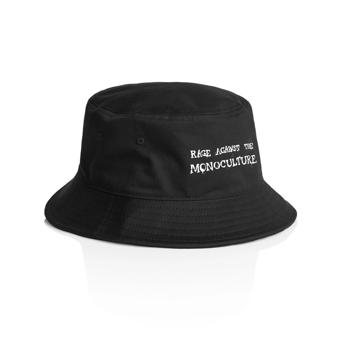 Black bucket hat with Rage Against The Monoculture Hat graphic by Lonely Kids Club
