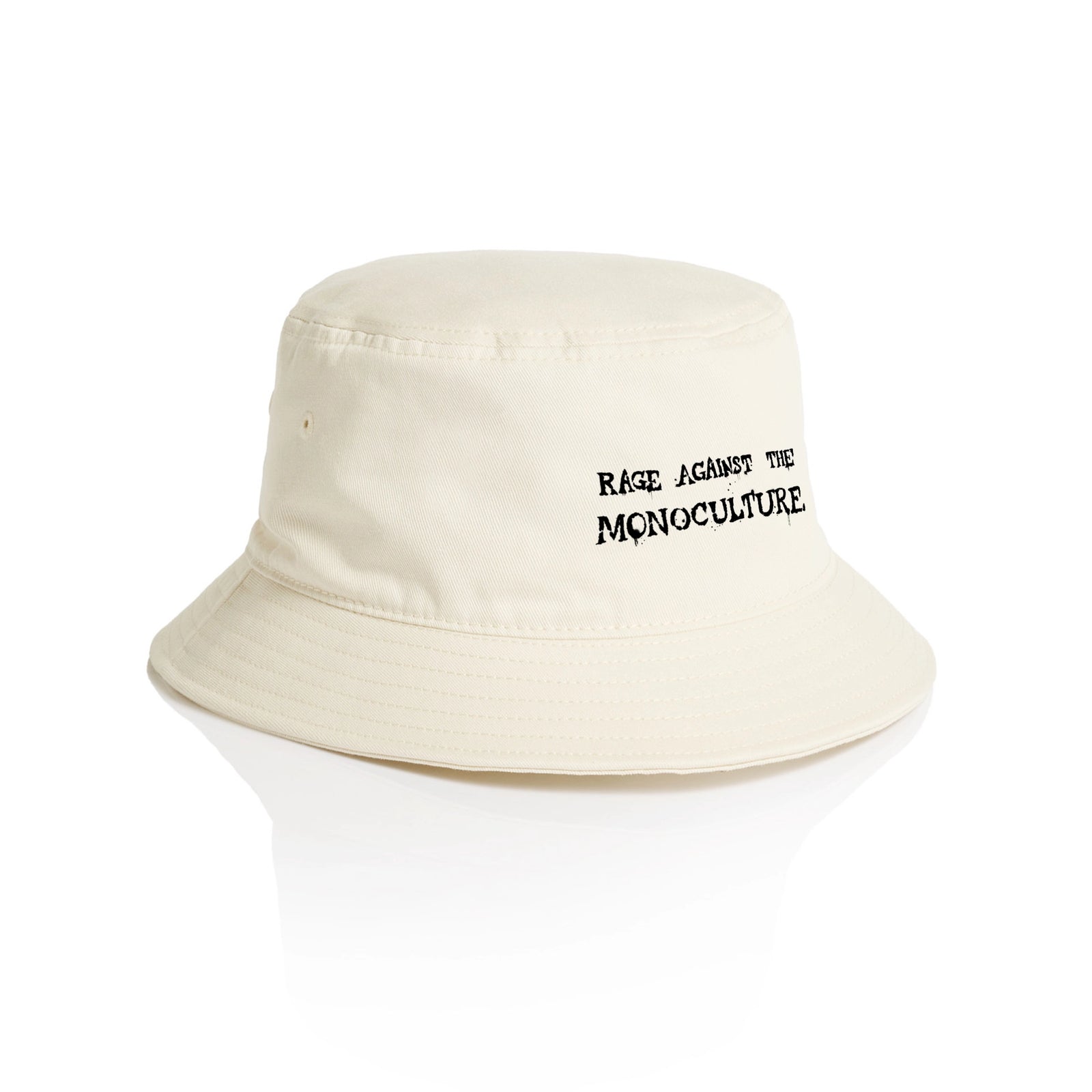 Ecru bucket hat with Rage Against The Monoculture Hat graphic by Lonely Kids Club