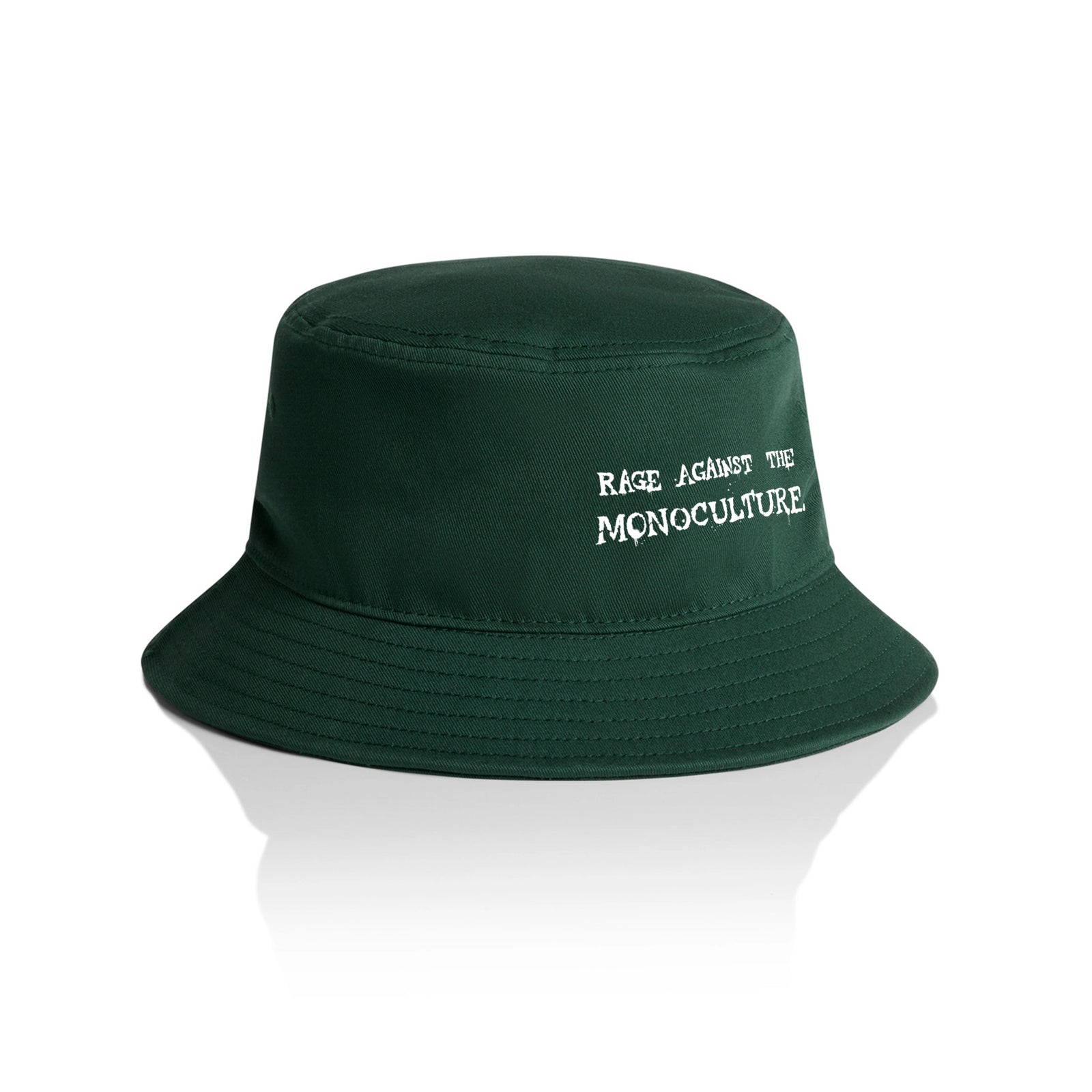 Forest Green bucket hat with Rage Against The Monoculture Hat graphic by Lonely Kids Club