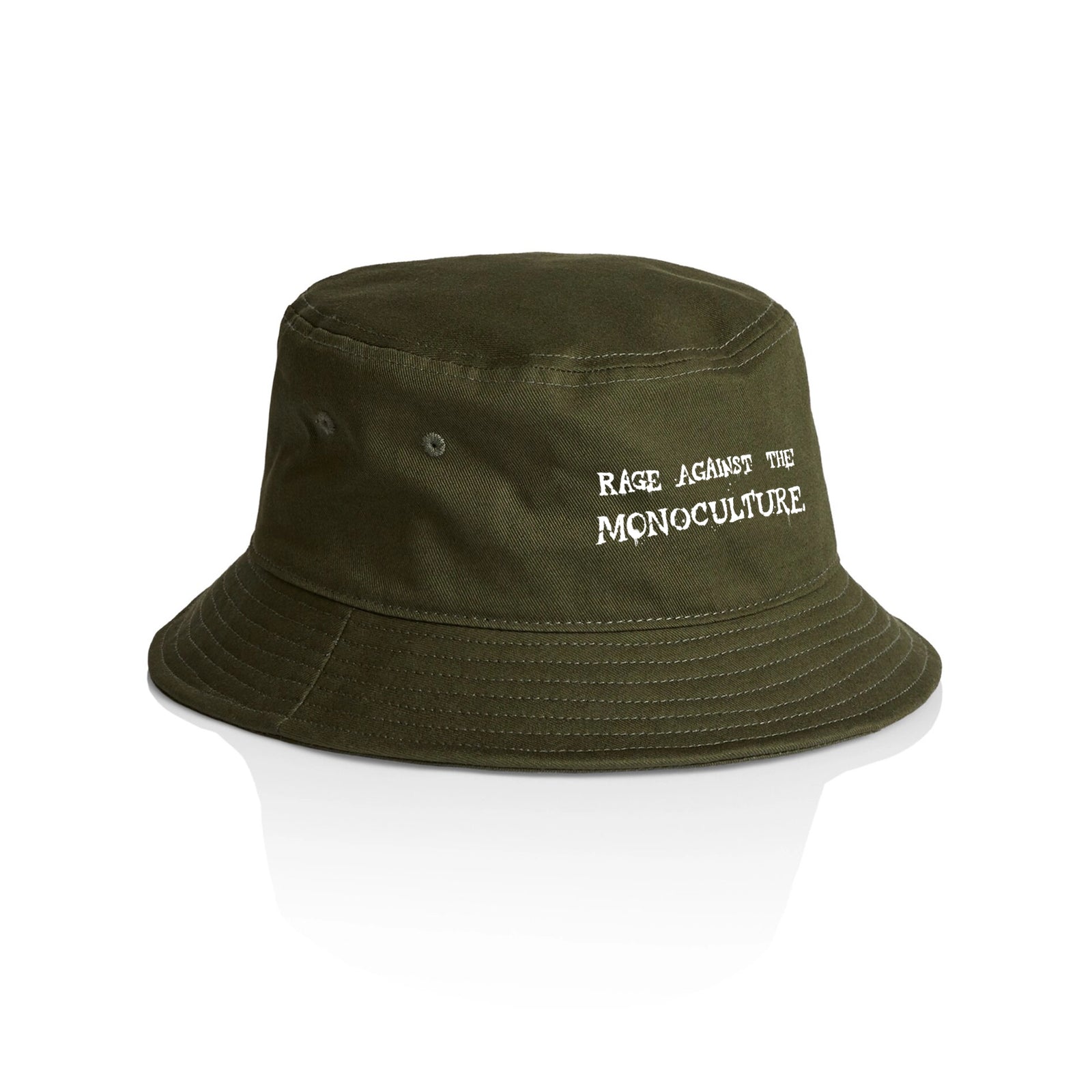 Army bucket hat with Rage Against The Monoculture Hat graphic by Lonely Kids Club